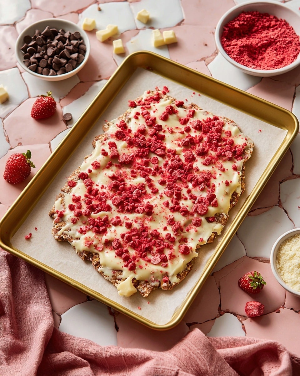 The image shows a dessert bark placed on a golden baking tray lined with white parchment paper, sitting on a white marbled surface with hexagonal tile patterns. The dessert has two main layers: the bottom layer is a rough-textured brown base with visible chunks, and the top layer is a creamy white coating sprinkled unevenly with bright red crushed pieces, giving a textured look. Around the tray, there are scattered whole and broken red freeze-dried strawberries, white chocolate chips, and a few chocolate chips. A white bowl with small chocolate chips is in the upper left corner, while a smaller white bowl with red powder residue is on the right. A soft pink cloth is crumpled beside the tray on the left side. photo taken with an iphone --ar 4:5 --v 7