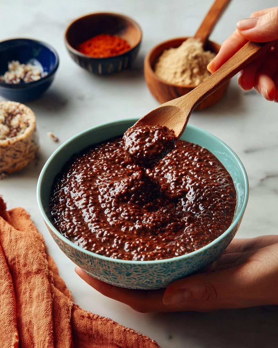 A bowl filled with thick, dark brown chocolate chia pudding with a textured, grainy surface. A wooden spoon is scooping some pudding from the middle, held by a woman's hand at the bottom right. The bowl is round with a light blue cracked pattern around its edge. The background is a white marbled texture with a wooden spoon filled with light brown powder on a white patterned tile at the top right, a navy blue dish with bright red powder at the top left, and a soft orange cloth partially under the bowl on the left side. Photo taken with an iphone --ar 4:5 --v 7