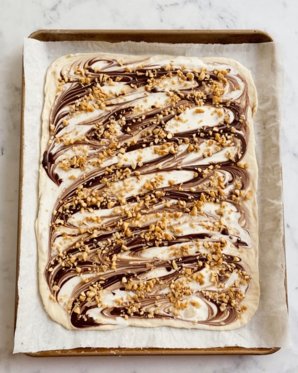 A rectangular white dough base is spread on a baking tray lined with white parchment paper. On top of the dough, there is a marbled swirl pattern created by spreading dark chocolate and white cream in horizontal rows. Small clusters of chopped nuts are scattered evenly over the whole surface, adding texture and contrast to the smooth swirls. The edges of the dough are uneven, giving a homemade look. The background is a white marbled surface. Photo taken with an iphone --ar 4:5 --v 7