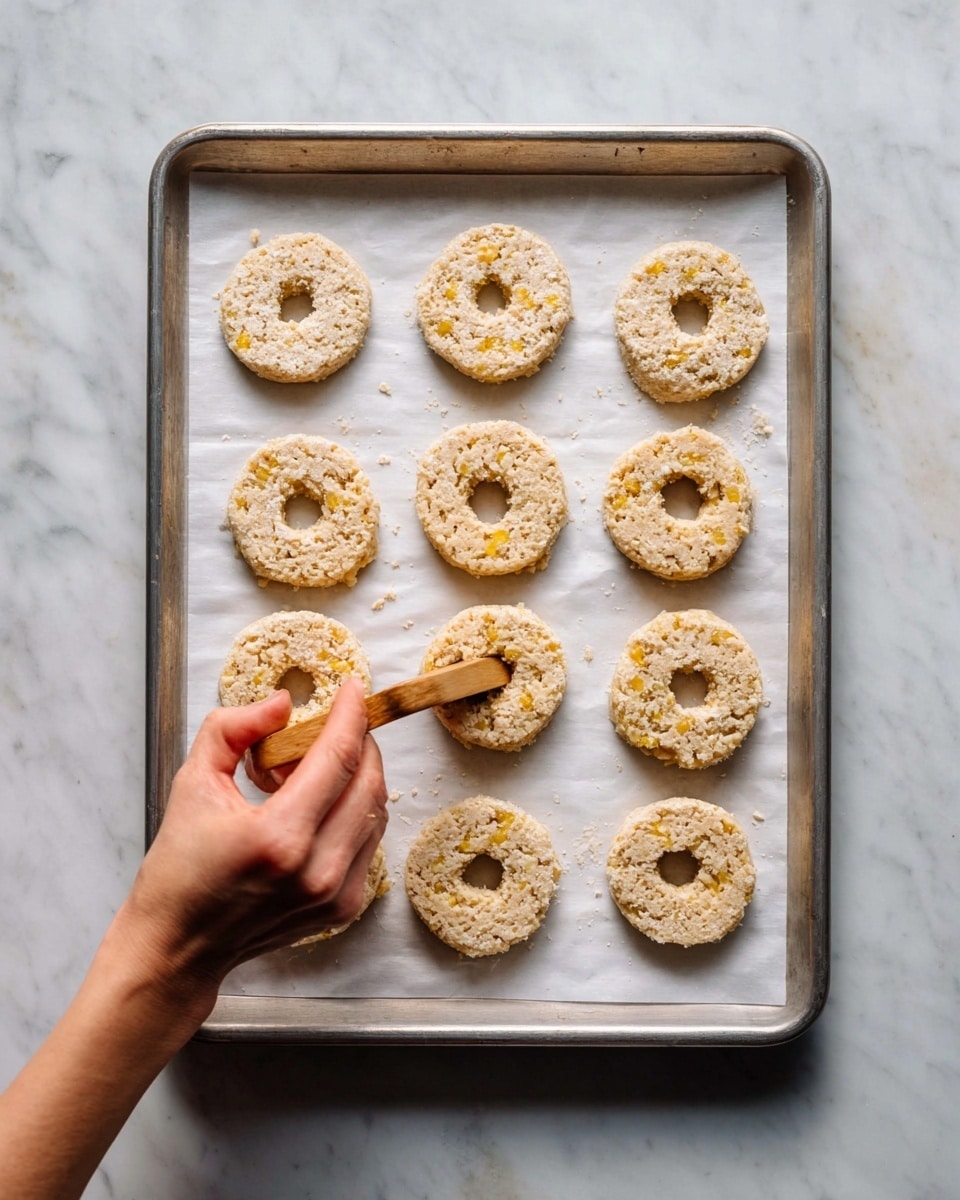 A metal baking tray lined with white parchment paper holds twelve round, beige cookie dough pieces arranged in three rows. Eight of the dough circles are whole, showing a rough texture with small yellow bits mixed in, while four of them have a small hole in the center. A woman's hand is holding a wooden stick, pressing into the center of one of the dough circles with no hole. The tray is placed on a white marbled surface. photo taken with an iphone --ar 4:5 --v 7