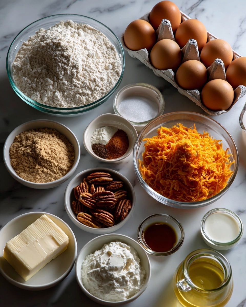 A top-down view of various baking ingredients arranged neatly on a white marbled surface, each in its own clear or white bowl with labeled text floating above. There are thirteen visible containers: a large clear bowl filled with white flour at the top center, beside a white carton holding six brown eggs positioned to the right. Below the eggs, a large clear bowl is filled with bright orange shredded carrots. To the bottom left of the flour is a medium clear bowl filled with light brown sugar. Several small white bowls hold spices and smaller ingredients: cinnamon, vanilla extract, salt, nutmeg, and baking powder. Additionally, a small white bowl contains pecans, a white bowl filled with white sugar, a glass measuring cup with white heavy whipping cream, a small container of powdered sugar, a clear jar filled with yellow vegetable oil, and a wrapped block of cream cheese. Everything is spread out evenly on the white marbled surface, creating a clean and organized look photo taken with an iphone --ar 4:5 --v 7