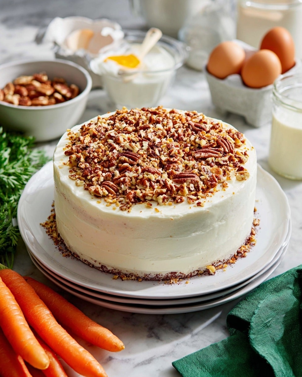 A round two-layer cake covered with smooth white frosting sits on a white plate, topped thickly with a layer of chopped pecans that cover the entire top surface. The sides of the cake show a clean finish of frosting with a hint of purple cake peeking through near the bottom edges. The background is a white marbled surface with a bowl of pecans, a glass of milk, a container with a spoon, some eggs on the side, two whole carrots, and a green napkin partially in view. photo taken with an iphone --ar 4:5 --v 7
