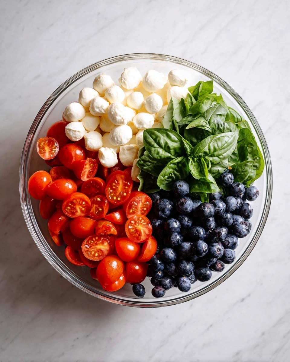 A clear glass bowl sits on a white marbled surface, filled with four distinct layers of ingredients neatly placed in sections. On the bottom left, there is a pile of small, round white cheese balls with a smooth texture. Next to this, on the bottom right, is a layer of halved cherry tomatoes showing a bright red color and shiny skin. Above the tomatoes, a cluster of fresh green basil leaves with a slightly wrinkled texture adds vibrant color. To the right of the basil, there is a group of deep blue, round blueberries with a matte, slightly textured surface. Photo taken with an iphone --ar 4:5 --v 7