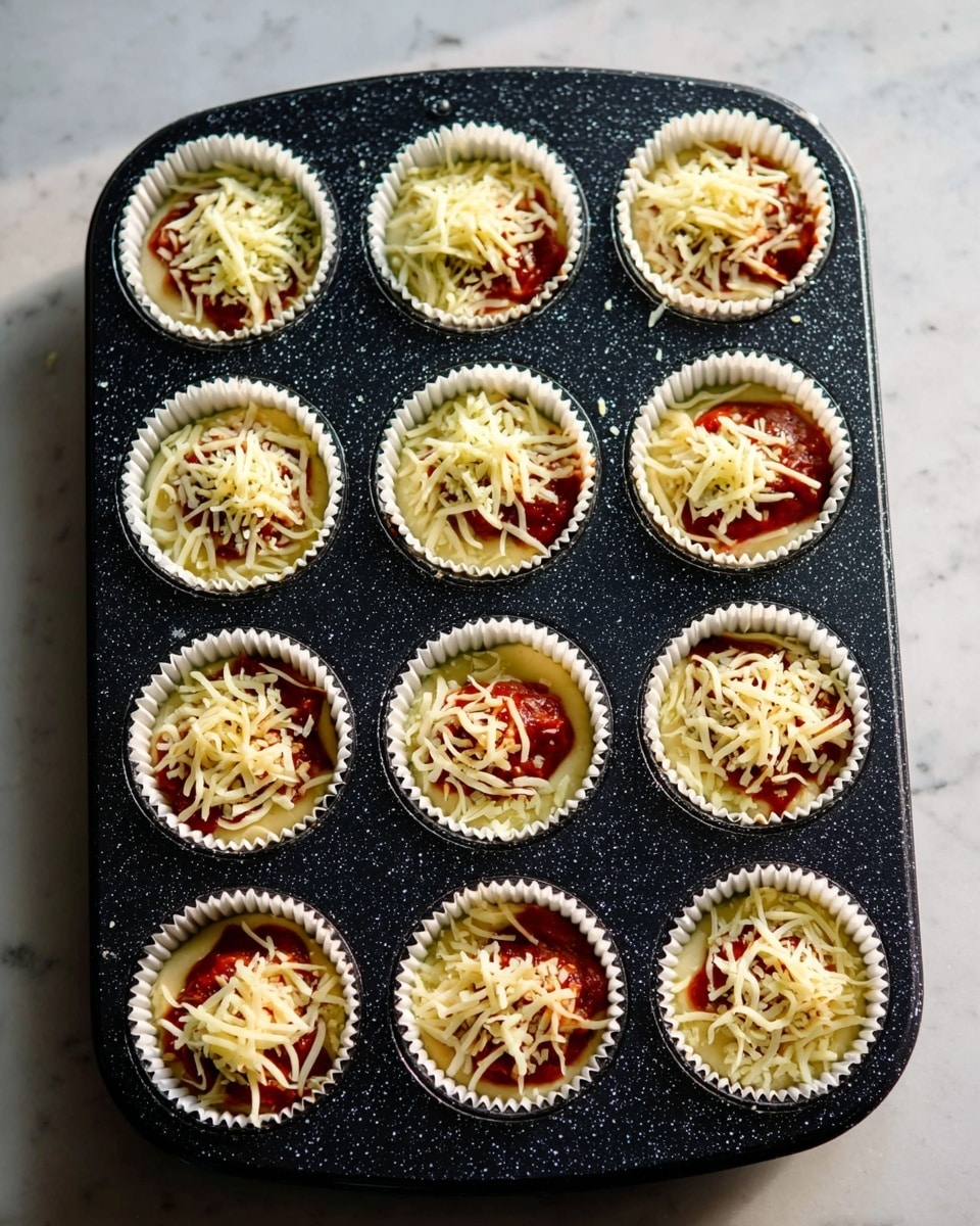 A black speckled muffin pan holds twelve white paper cupcake liners, each filled with three visible layers. The bottom layer is a light beige dough shaped like a small cup, topped by a slightly thick red sauce in the center. The top layer consists of pale yellow shredded cheese scattered unevenly over the sauce. The pan rests on a white marbled surface. Photo taken with an iphone --ar 4:5 --v 7