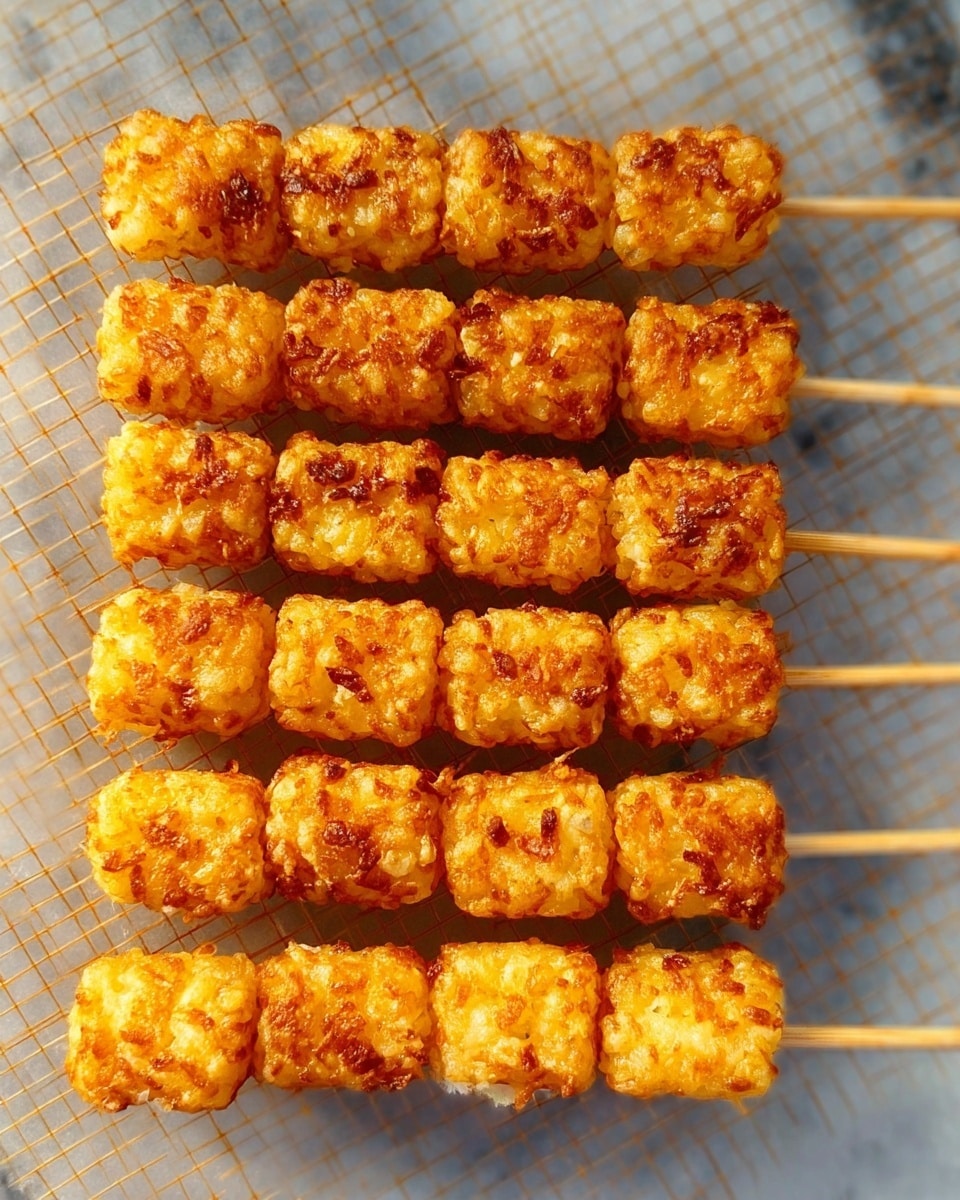 Five wooden skewers lie flat on a white marbled surface, each holding six to seven golden brown tater tots. The tater tots have a crispy texture with uneven, slightly rough surfaces, showing small bits of potato inside. The rows of tater tots are evenly spaced, all aligned horizontally with the skewers extending beyond the left and right edges. The cooking rack beneath them is visible with a grid pattern of metal wires, giving a clear view of the browned and crunchy look of the tater tots. The warm color of the tots contrasts softly with the pale background. photo taken with an iphone --ar 4:5 --v 7