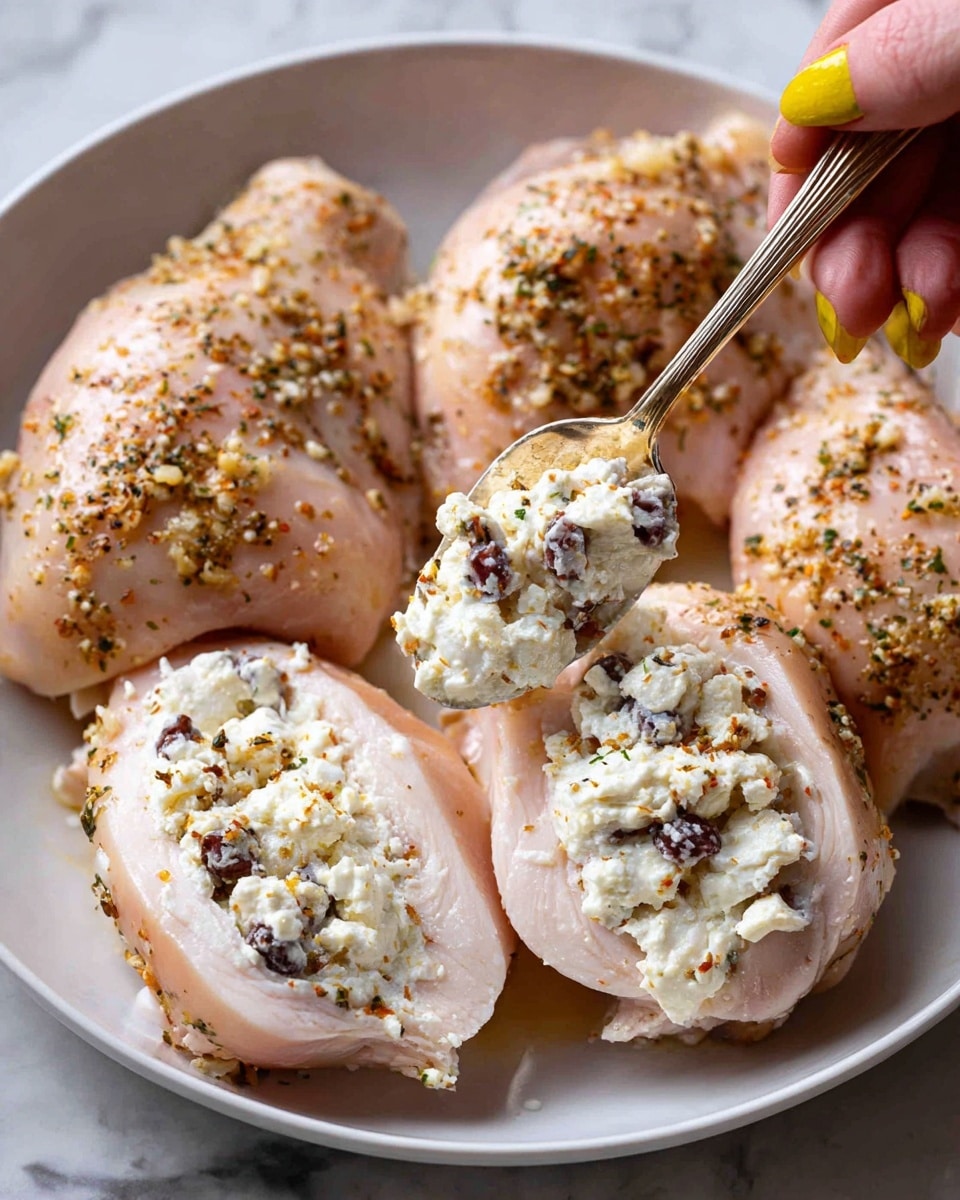 The image shows several raw chicken pieces on a white plate placed on a white marbled surface. Each chicken piece is pale pink and sprinkled with a mix of spices that look greenish and brown. Two of the chicken pieces are hollowed open and being filled with a white, creamy cheese mixture that has small dark bits, possibly olives or herbs. A woman's hand with yellow nail polish holds a spoon, scooping the cheese mix into one of the chicken pieces. The texture of the cheese filling looks soft and crumbly against the smooth chicken skin. Photo taken with an iphone --ar 4:5 --v 7