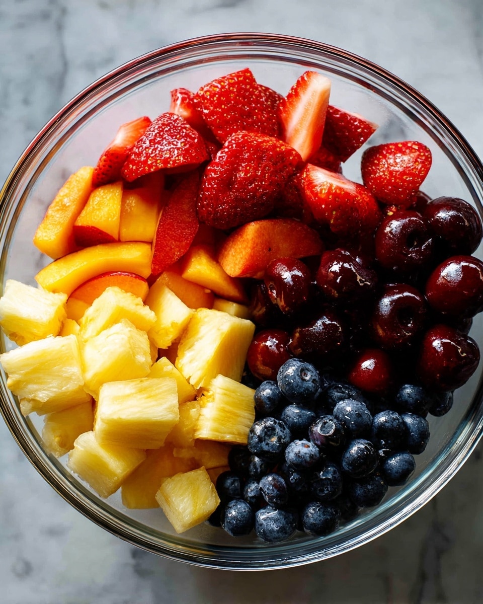 A clear glass bowl with five sections of fresh fruits inside, placed on a white marbled surface. The top section has bright red strawberries cut into halves and quarters, showing their juicy texture. To the left of the strawberries, there are orange-red chunks of nectarines with smooth skin. Below that, at the bottom left, is a pile of yellow pineapple cubes with a slightly rough surface. Next to the pineapple, on the bottom right, is a cluster of small, round, dark blue blueberries with a smooth and shiny skin. To the right of the strawberries and just above the blueberries, there are glossy dark red cherries clustered together. photo taken with an iphone --ar 4:5 --v 7