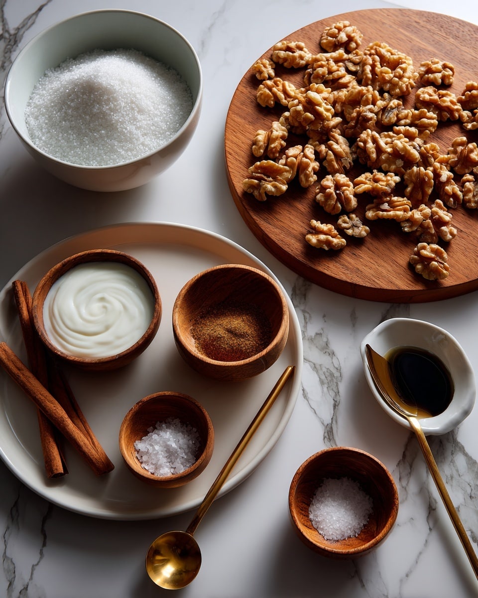 The image shows several small white and wooden bowls arranged on a white marbled surface. On the right, a round wooden board is full of light brown walnuts with rough, uneven textures. Next to it on the left, a large white bowl holds white granulated sugar. Below this, a white plate holds four small containers: a white bowl with clear egg white, a small wooden bowl with ground cinnamon, another wooden bowl filled with white sea salt, and a small golden measuring spoon with dark vanilla extract. Two cinnamon sticks are placed on the lower left corner of the surface. photo taken with an iphone --ar 4:5 --v 7