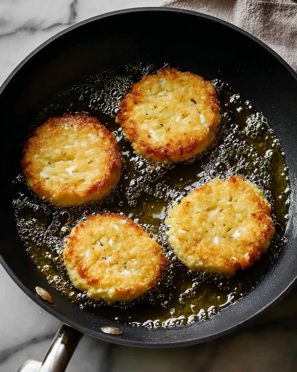 A black pan holds four round, light yellow patties frying in bubbling golden oil. Each patty is slightly textured with small bits visible inside and has soft edges, with one slightly ridged in the center. The pan is set on a white marbled surface, and the image is taken from above, showing the hot oil shimmering around the patties. photo taken with an iphone --ar 4:5 --v 7