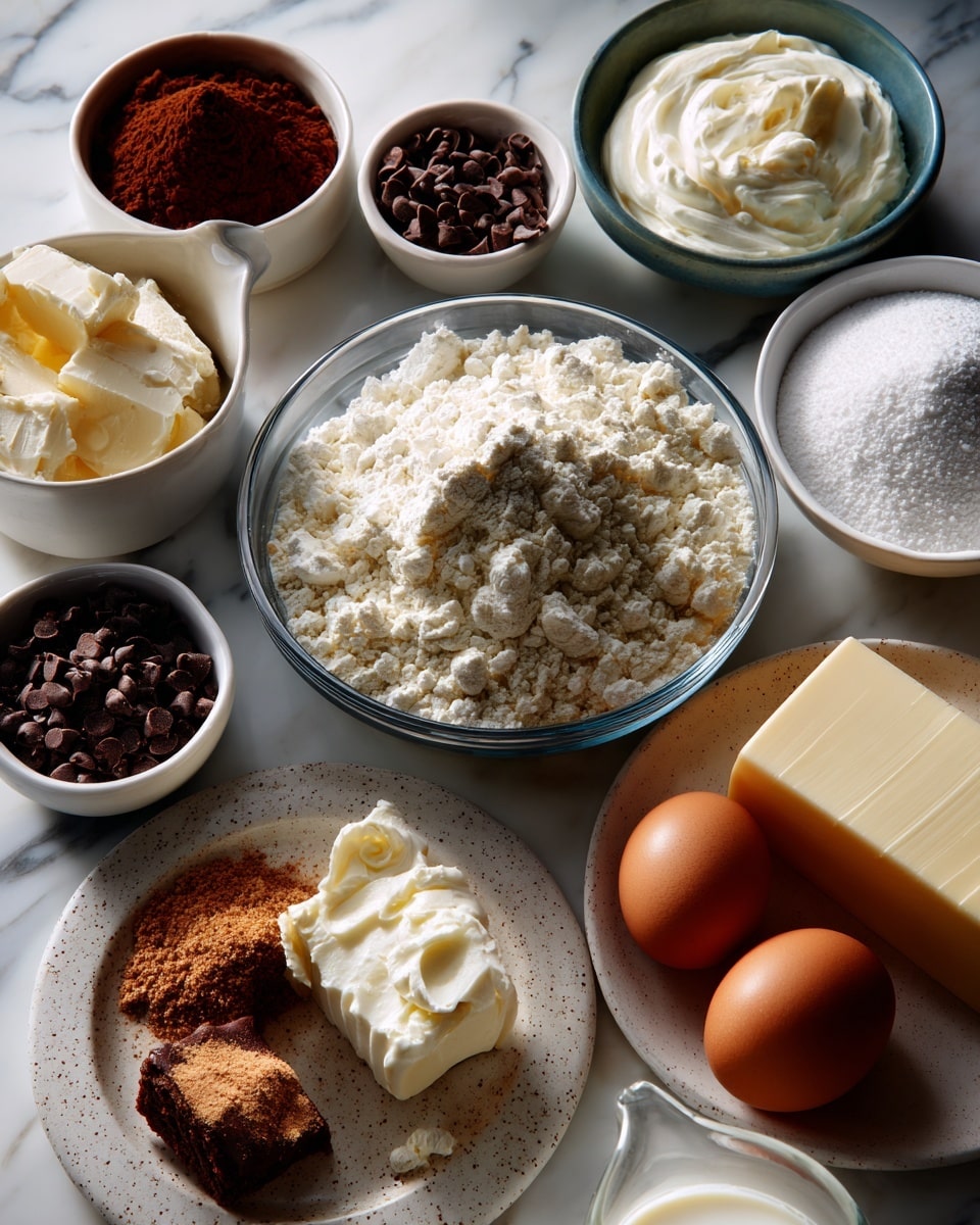 The image shows various baking ingredients placed on a white marbled surface with different white bowls and a clear measuring cup. At the center is a large clear bowl filled with white flour with a rough texture. Above it to the right, a medium-sized white bowl holds white confectioners' sugar with a powdery look. Nearby, to the right side, two brown eggs lie side by side directly on the surface. Above that, a medium white bowl has a soft white cream cheese. Around the top left, a small bowl contains dark brown cocoa powder with a powdery texture, and another small white bowl is filled with tiny, dark chocolate chips. Below the central bowl, a smaller white bowl has light brown brown sugar with a grainy texture. To the left, a small white bowl contains light brown yeast granules, while another small white bowl nearby holds a light brown cinnamon powder. In the center of the lower half, a small white bowl has a beige nutmeg powder. Below that, a rectangular pale yellow block of butter rests on a small white plate with a speckled pattern. At the bottom right corner, a clear measuring cup shows white milk liquid. Near the middle left, a small white bowl filled with off-white heavy cream is placed, and a small white bowl with white salt granules is also seen. A white speckled bowl of white sugar is at the bottom right. Everything is neatly placed with soft natural light, and the shot is taken from above. Photo taken with an iphone --ar 4:5 --v 7