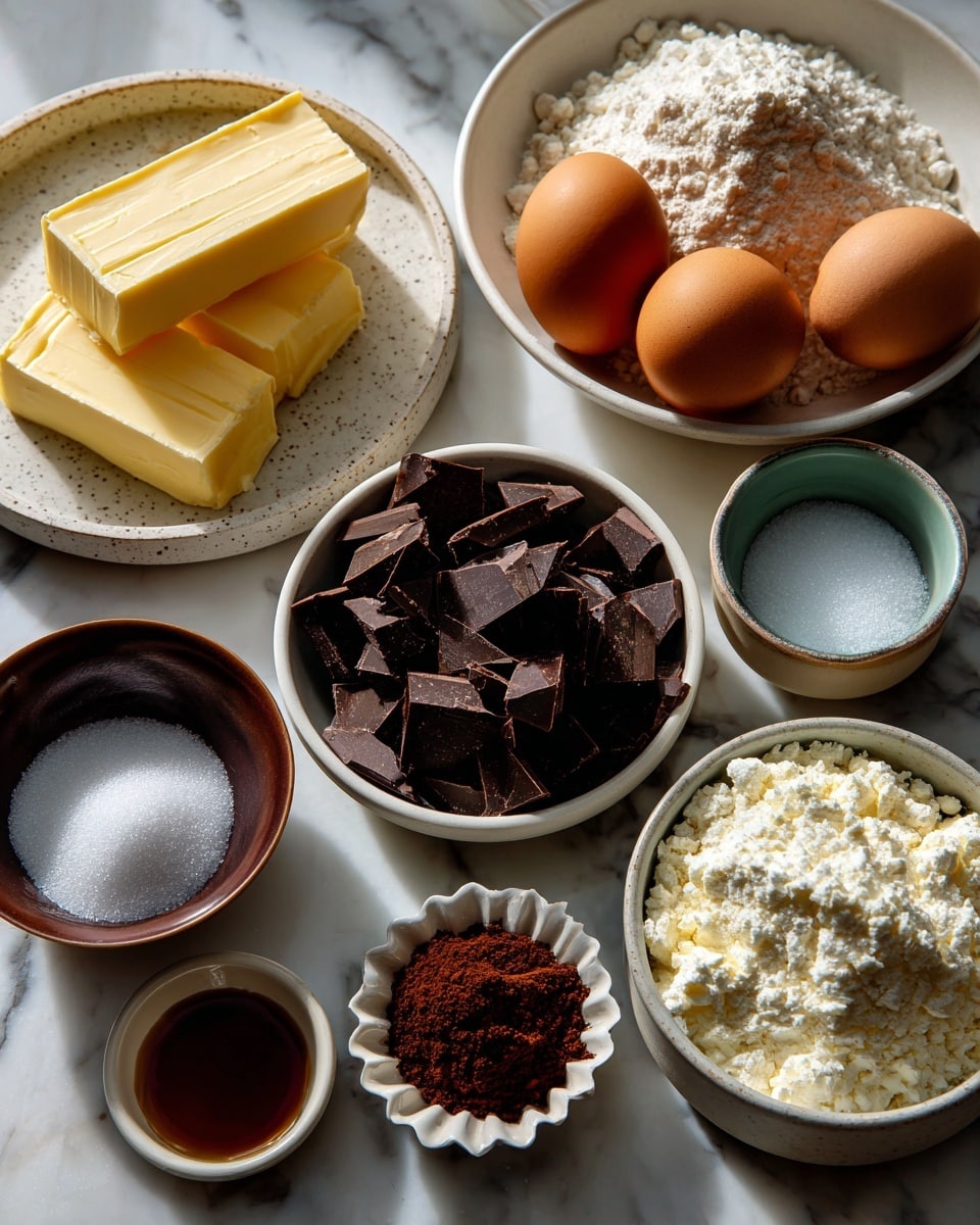 The image shows a clean layout of baking ingredients on a white marbled surface, each in a white bowl or small brown cup, neatly arranged in a loose circle. From the top left, there are three rectangular sticks of pale yellow salted butter on a white speckled plate, followed by three light brown eggs in a white speckled bowl at the top right. A heaping bowl of white all-purpose flour sits next to the eggs. Below flour is a tiny round bowl with a small amount of white salt. In the center, a white bowl holds chopped dark semisweet chocolate pieces. To the left, a deep white bowl contains white granulated sugar with a smooth texture. Above sugar, there is a small white scalloped bowl with a dark brown powder of cocoa, and beneath chocolate, a tiny dark brown cup holds amber vanilla extract. Everything is well spaced and the colors contrast nicely on the white marbled surface photo taken with an iphone --ar 4:5 --v 7