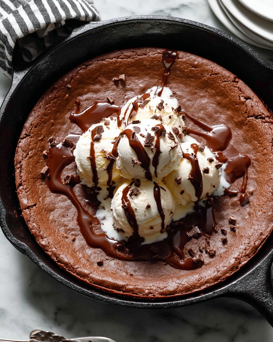 A large round brown baked dessert sits in a black cast iron skillet with visible edges and handle. On top, near the center right, there are three scoops of white ice cream placed close together, each topped with dark brown chocolate sauce drizzled in thin streams. Small chocolate shavings are sprinkled over the ice cream. The dessert itself has a smooth texture with some cracks near the edges and a slightly raised crust that lines the skillet. The skillet sits on a white marbled surface with part of a white plate visible on the top right and a striped cloth on the top left. photo taken with an iphone --ar 4:5 --v 7