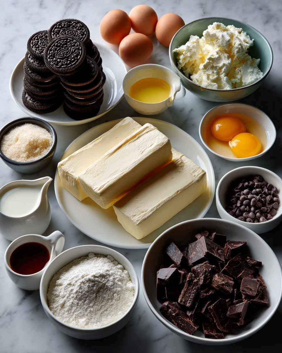 The image shows a flat lay of ingredients for a dessert on a white marbled surface. There are two white bowls filled with whole Oreo cookies, one on the left and one on the right, each stacked neatly. In the center, three silver-wrapped blocks of cream cheese are placed side by side. Around them are smaller bowls and dishes with ingredients: granulated sugar in two white bowls, melted butter in a white bowl, sour cream in another white bowl, and semisweet chocolate chips in another white bowl. There are also small white bowls containing eggs, vanilla extract (in two small brown dishes), flour, salt, and heavy cream in a small pitcher. All the ingredients are evenly spaced and arranged neatly in a grid-like pattern. Photo taken with an iphone --ar 4:5 --v 7