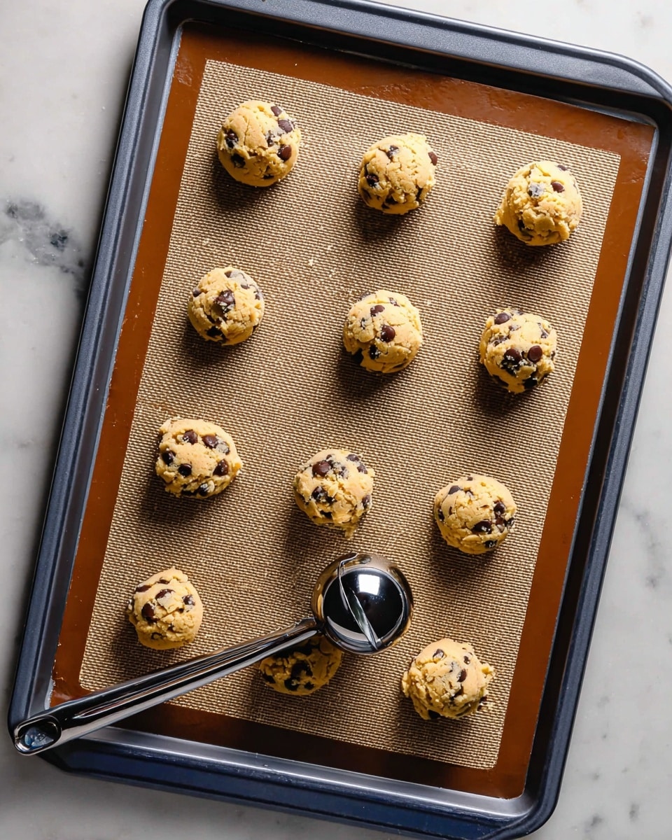 A dark gray baking tray is lined with a brown textured silicone mat and topped with ten round scoops of light golden cookie dough with visible dark chocolate chips. The scoops are evenly spaced in a rough grid pattern. A shiny metal ice cream scoop rests on the bottom left corner of the tray, partially pressing another cookie dough ball. The tray sits on a white marbled surface. photo taken with an iphone --ar 4:5 --v 7