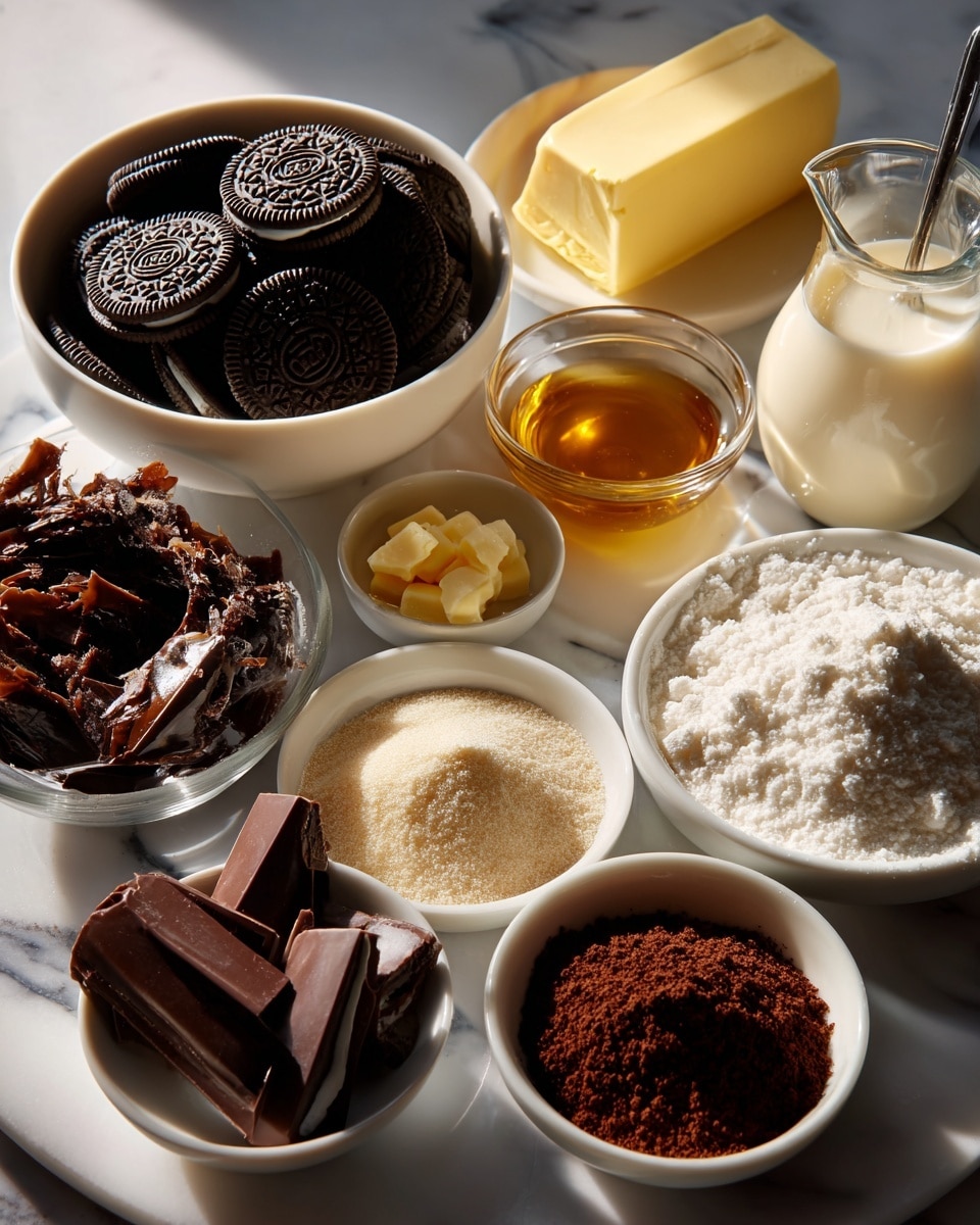 The image shows ingredients neatly placed on a white marbled surface. There is a bowl of dark black Oreo cookies with cream filling, a small white bowl with shiny melted yellow butter, and a glass bowl filled with dark brown chopped semisweet chocolate. Next to these are a small white bowl of amber-colored vanilla, a tiny white bowl of salt, and another small white bowl with small chunks of light yellow salted butter. There is a medium white bowl filled with white granulated sugar, a smaller white bowl with white cornstarch powder, and another white bowl with dark brown cocoa powder. There is also a white measuring jug filled with creamy light milk and another clear glass measuring jug with heavy cream. All the bowls and containers sit clearly arranged on the surface. Photo taken with an iphone --ar 4:5 --v 7