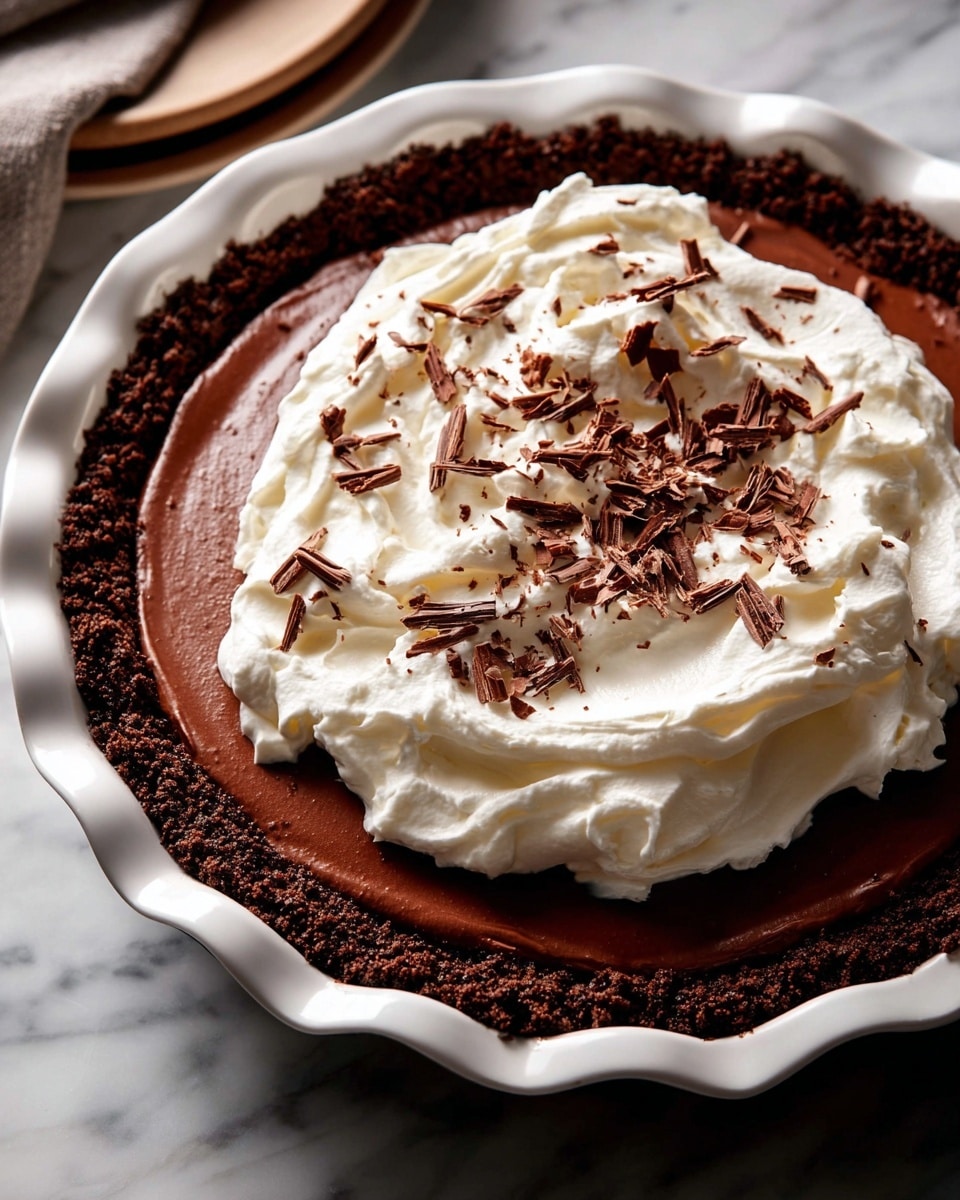 A chocolate pie with three clear layers seen from above: the bottom crust is dark brown and crumbly with a rough texture, the middle layer is smooth chocolate filling with a rich brown shade, and the top is a thick, swirled layer of white whipped cream spread unevenly with some peaks and valleys. Small, thin dark brown chocolate shavings are scattered on the whipped cream. The pie is in a white ceramic pie dish with scalloped edges, placed on a white marbled surface. Photo taken with an iphone --ar 4:5 --v 7
