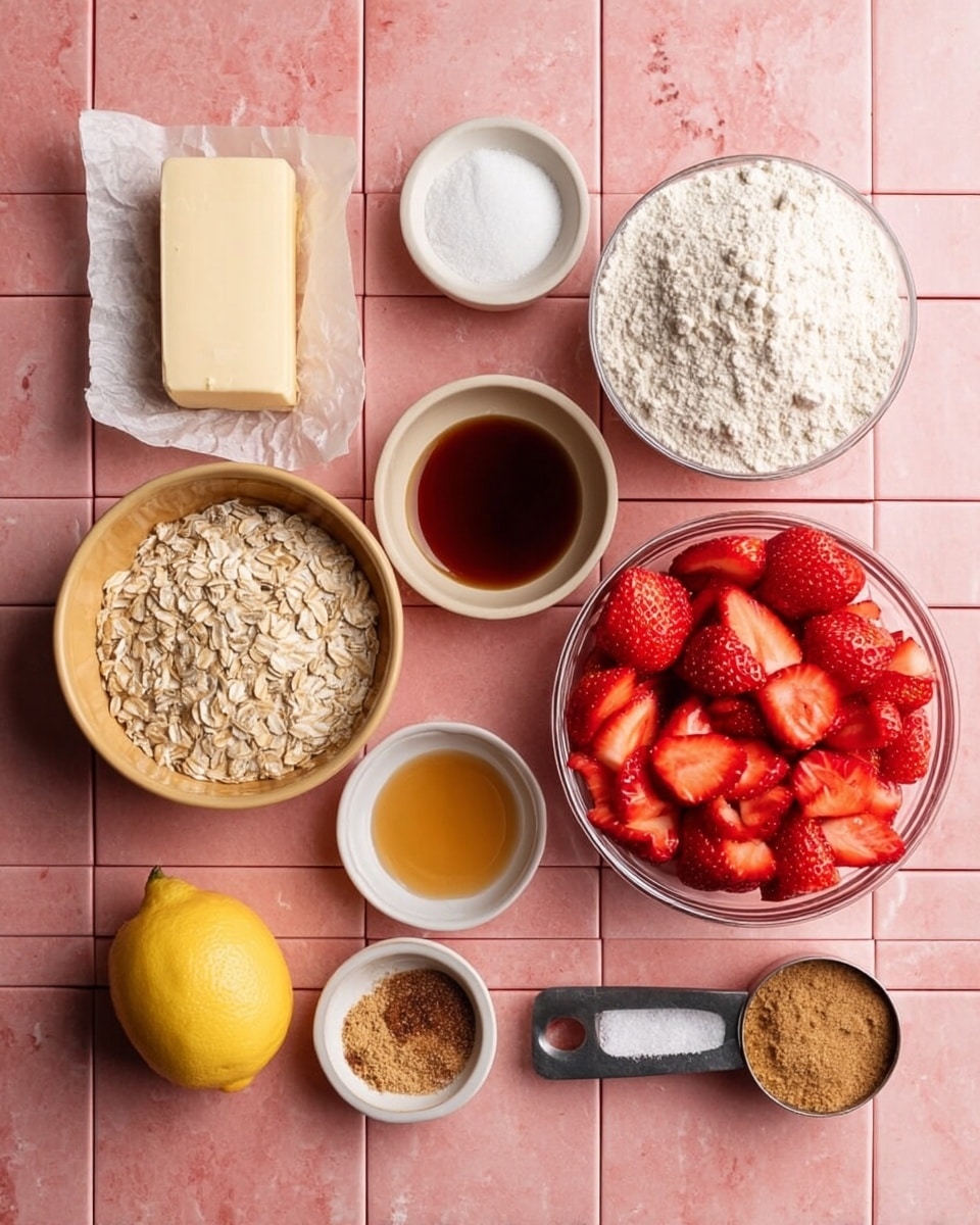 The image shows a flat top view of various baking ingredients placed on a white marbled textured surface. There is a clear glass bowl full of bright red, halved strawberries on the right side. Near the bowl, a peeled half lemon with a fresh yellow color is positioned in the middle, surrounded by a small metal measuring cup with a dark syrup liquid, a white scalloped bowl with a small amount of golden brown vanilla extract, and a stick of light yellow butter wrapped in paper with some red text. In the top left, there are three small white bowls: one filled with white flour, another with white baking powder, and a third scalloped bowl holding a blend of ground cinnamon and white sugar. Below these, a medium wooden bowl is filled with pale beige rolled oats. The whole setup is neat and clean, with soft, fresh lighting emphasizing the natural colors of the ingredients photo taken with an iphone --ar 4:5 --v 7
