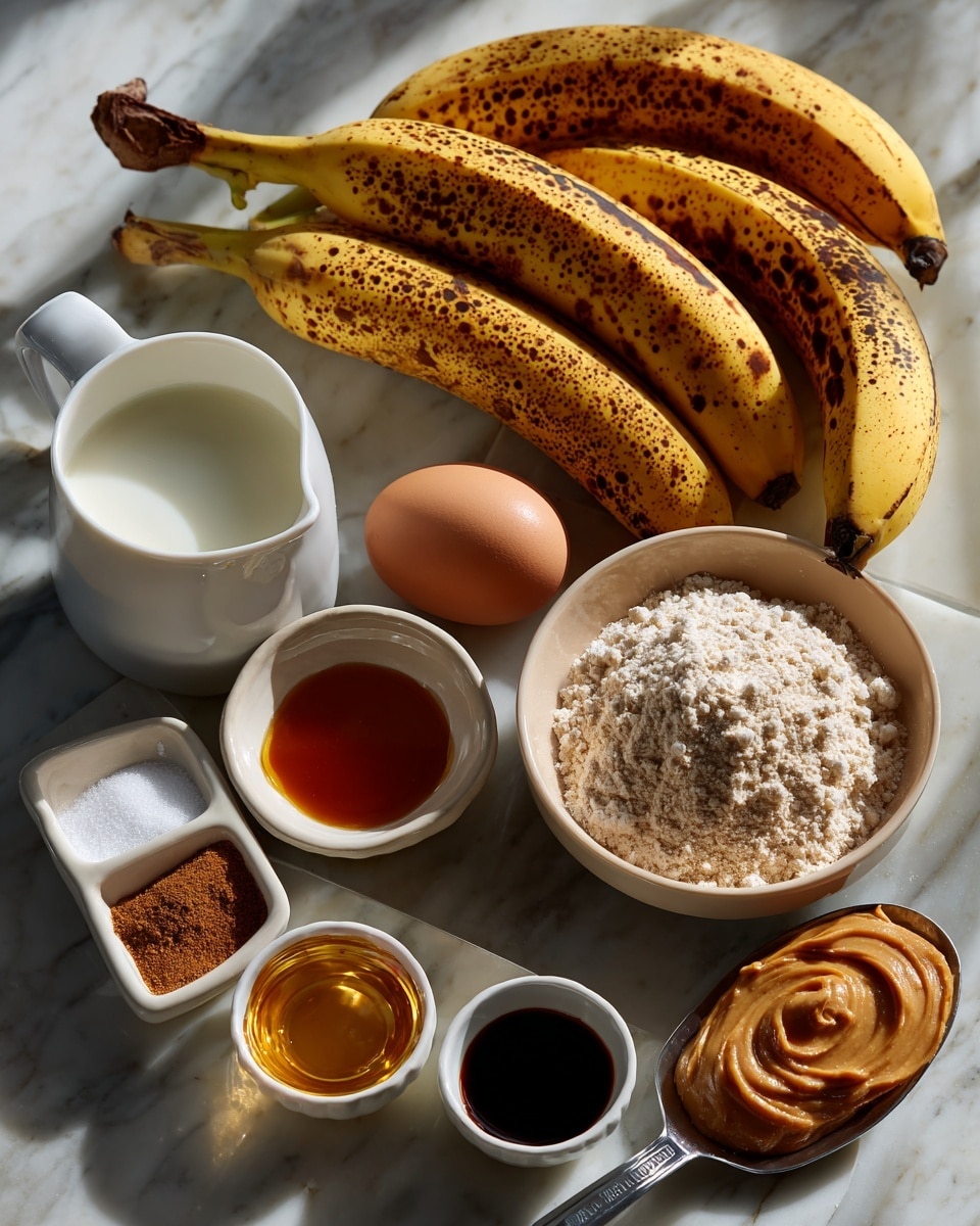 Two ripe bananas with brown spots lie on a white marbled surface to the left. Next to them is a small white pitcher filled with milk, and a small white bowl with light brown flour on the right side. Between the bananas and the flour are three small containers filled with maple syrup, vanilla, and an egg in the center. A small white divided dish holds cinnamon, baking powder, baking soda, and fine sea salt arranged in separate sections near the egg. To the right, there is a metal spoon filled with smooth peanut butter resting on the white marbled surface. The scene is brightly lit and shown from above. Photo taken with an iphone --ar 4:5 --v 7