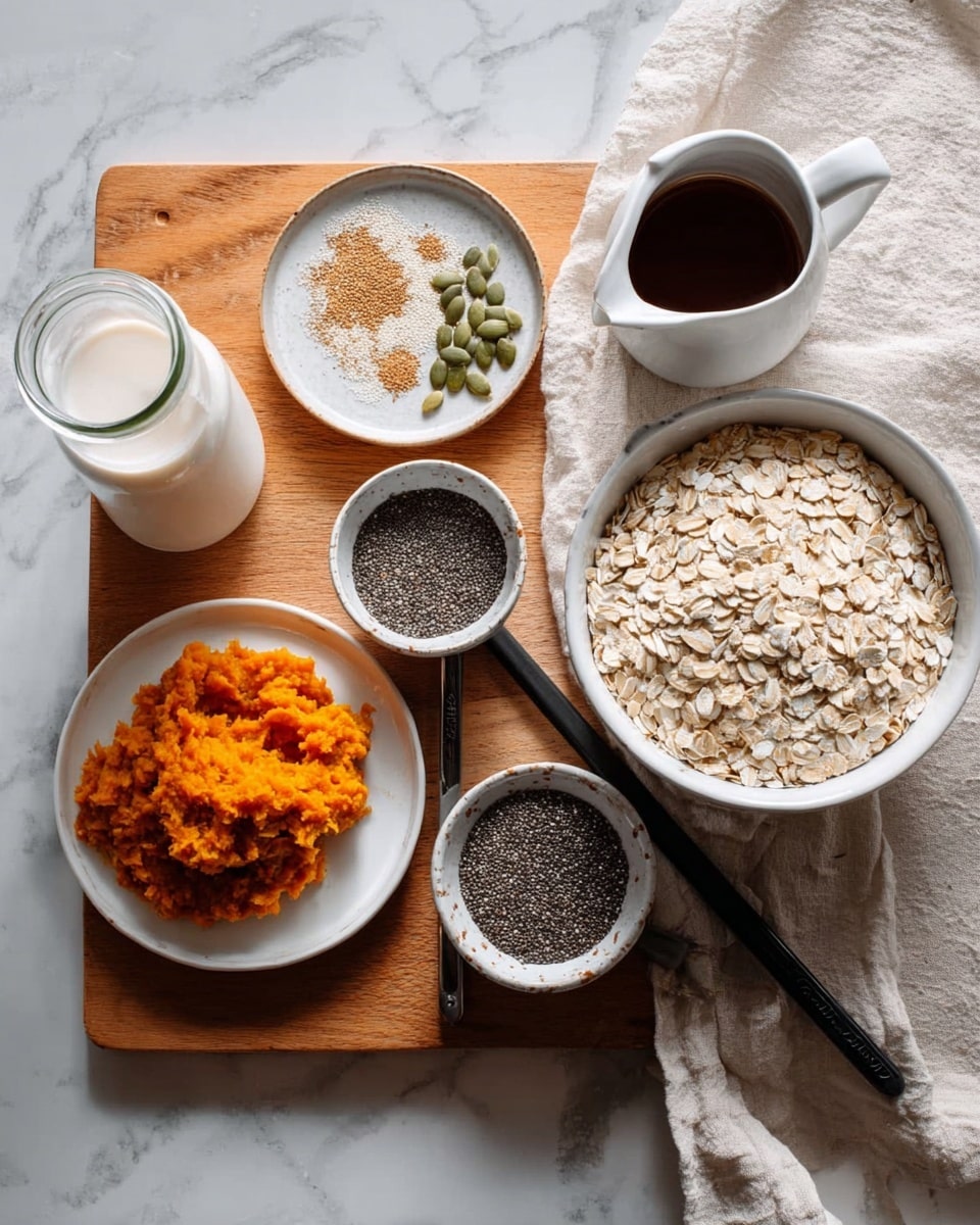 The image shows a wooden board on top of a white marbled surface with seven items arranged neatly. From the bottom left, there is a bottle filled with white liquid, likely milk. Next to it, a scoop filled with light beige rolled oats is placed, which matches the large white bowl full of rolled oats on the right. Above the bottle is a small white plate with light brown powder and a few green pumpkin seeds on top, along with two black measuring spoons resting on the plate. Above the oats bowl, a small white bowl contains bright orange mashed puree, probably pumpkin or sweet potato. To the top center, another small white bowl is filled with dark chia seeds, and to the right, a white pitcher holds a thick dark brown syrup or sauce. All containers are simple and white, placed on a white marbled surface with a soft neutral cloth partially visible to the sides. Photo taken with an iphone --ar 4:5 --v 7