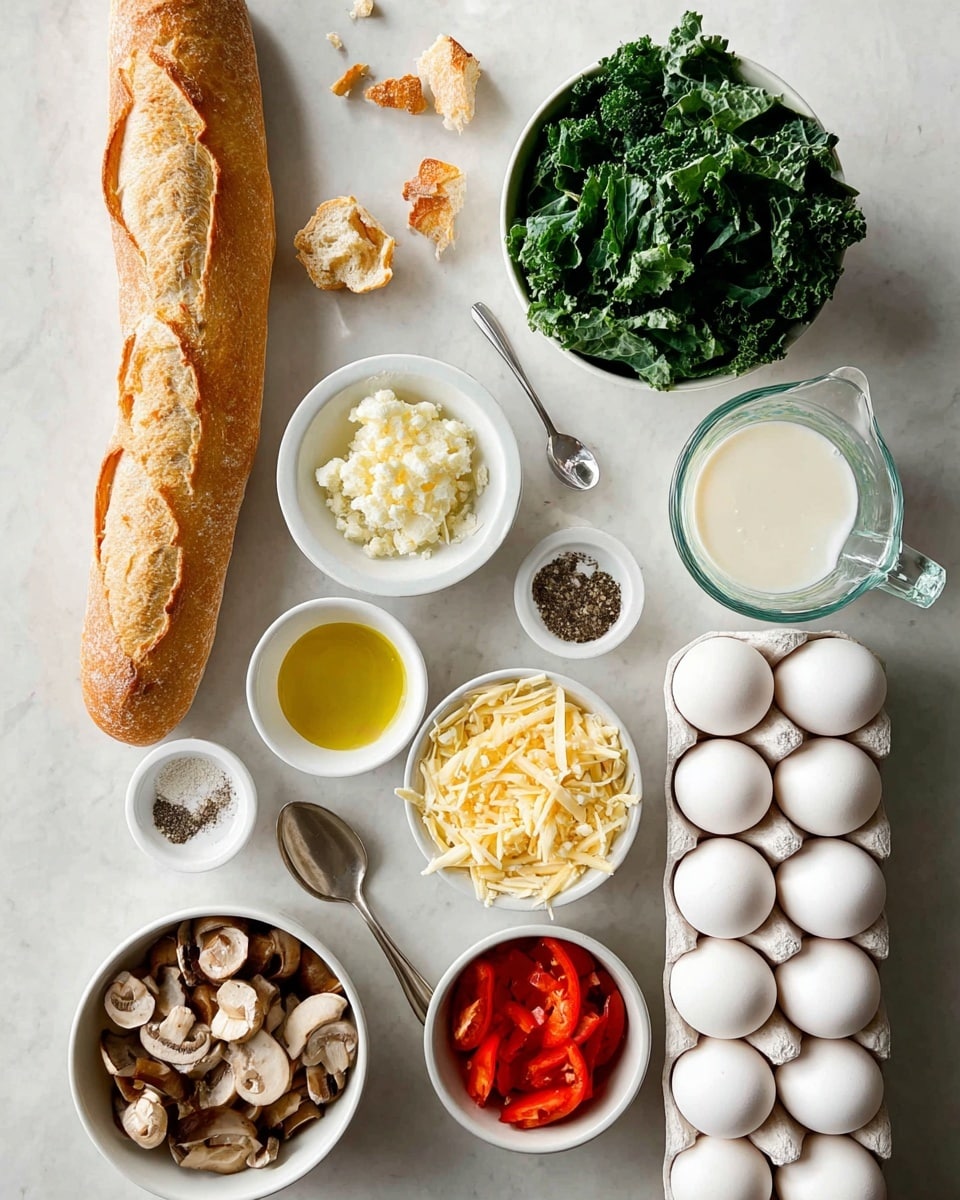 The image shows many ingredients laid out on a white marbled surface, including a long baguette with several small torn pieces around it near the top left. Next to the bread, there is a small white bowl with minced garlic. To the right, a white bowl filled with fresh green kale leaves sits below a glass measuring cup filled with white milk. Below the garlic bowl, there is a white cup with shredded yellow cheese and a small white bowl with olive oil. A small metal spoon holds salt and another holds black pepper, positioned horizontally near the middle. At the bottom left, a white bowl with sliced brown mushrooms, a bowl with diced white onions, a white bowl with sliced cheese, and diced red bell peppers are arranged. On the far right side, a white egg tray holds a dozen white eggs in neat rows. Photo taken with an iphone --ar 4:5 --v 7
