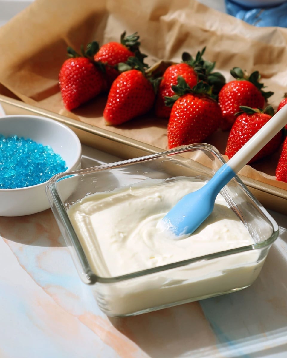 The image shows a clear square glass dish filled with a smooth, white creamy mixture, with a blue silicone spatula resting inside it. Behind the dish, there is a piece of brown parchment paper holding a row of seven fresh red strawberries with green leaves. On the left side, there is a small white bowl containing bright blue sugar crystals. All items are placed on a white marbled surface with a blurred mix of light colors in the background. photo taken with an iphone --ar 4:5 --v 7