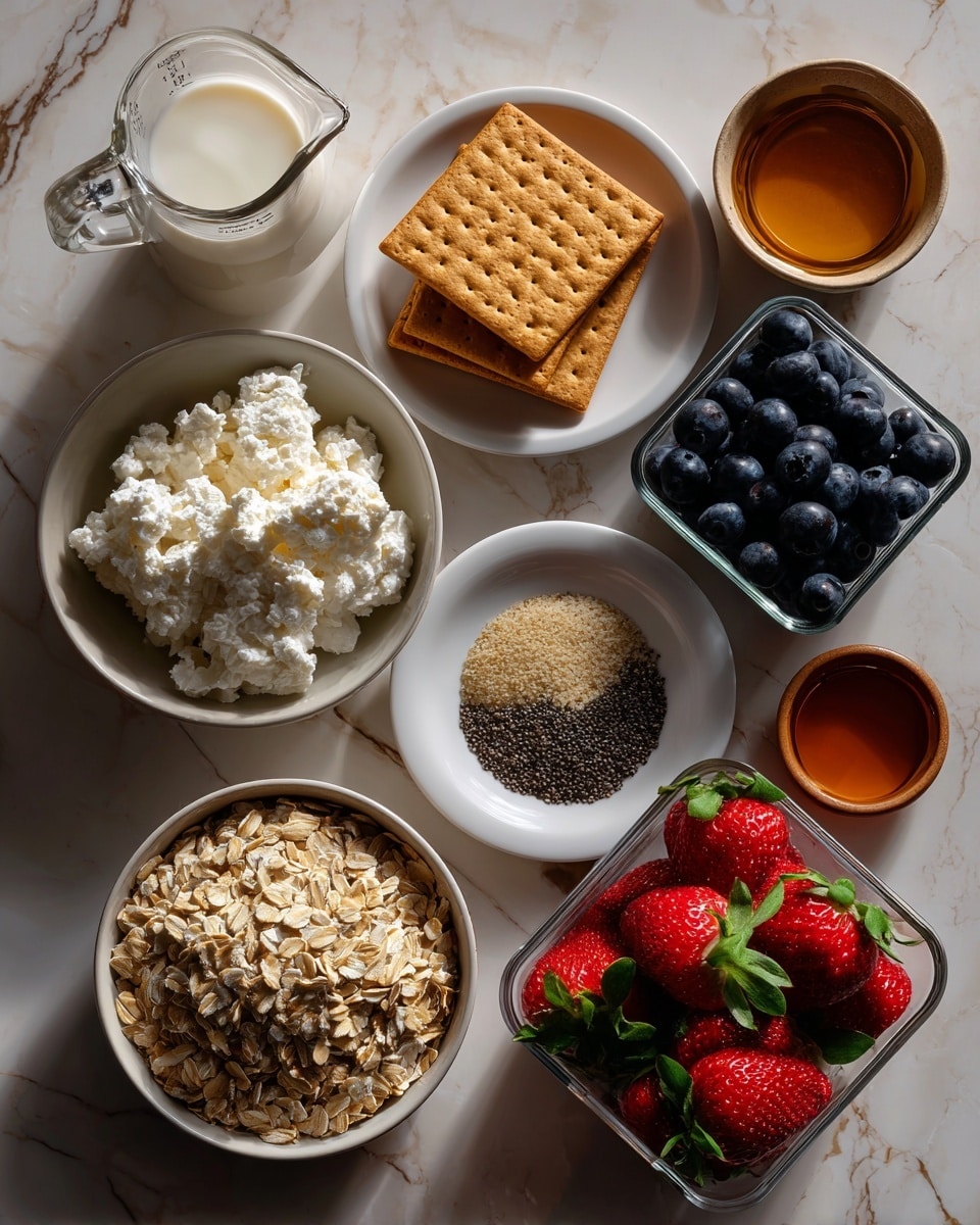 The image shows various ingredients placed on a white marbled surface, each in its own container or bowl. Starting from the top left, there is a clear glass measuring cup filled with milk, next to a white bowl containing white cottage cheese. To the right, small white plates hold vanilla powder and chia seeds, both dark and textured. Above these plates, there are three square graham crackers stacked neatly. A plastic container of bright dark-blue blueberries sits to the right of the graham crackers, while below that is a clear plastic container filled with fresh, red strawberries with green leaves. At the bottom left, a larger white bowl holds light tan rolled oats. A small, round brown bowl to the right of the oats contains amber-colored maple syrup. Photo taken with an iphone --ar 4:5 --v 7