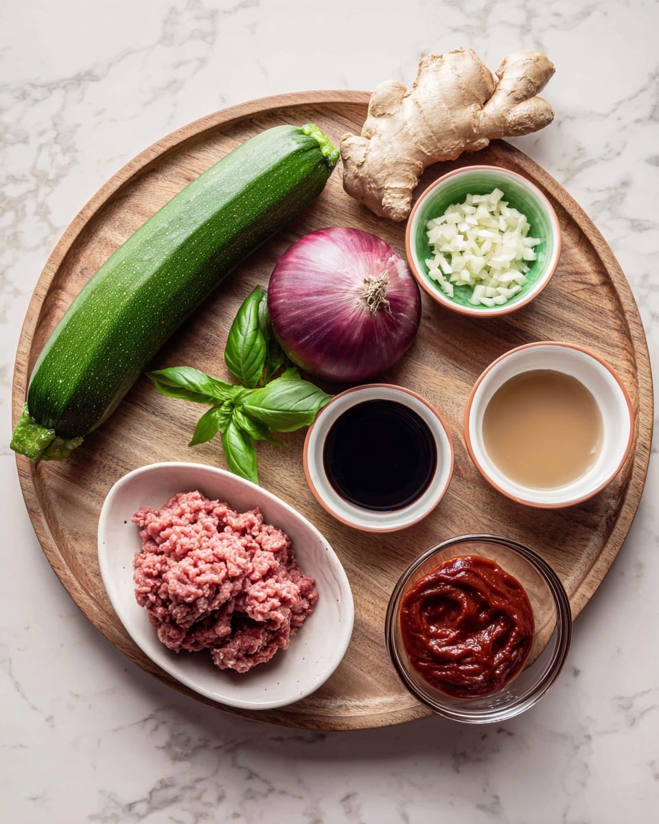 The image shows a round wooden tray placed on a white marbled surface, holding ingredients for cooking. On the left side, there is a whole green zucchini, next to it a purple shallot, and a large piece of light brown ginger root. Above the ginger is a small bunch of bright green basil leaves. Toward the top right, there is a small white bowl with a green inside rim filled with chopped white garlic. Below it, there are three small white bowls with terracotta rims arranged in a curved line: the first contains dark soy sauce, the second has light brown fish sauce, and the third is empty with a green interior. At the bottom right, there is a white bowl with a terracotta rim filled with thick red gochujang sauce. At the bottom left, underneath the shallot, lies a pack of raw organic ground beef in green vacuum-sealed plastic. The image is clear and simple, captured from above. photo taken with an iphone --ar 4:5 --v 7