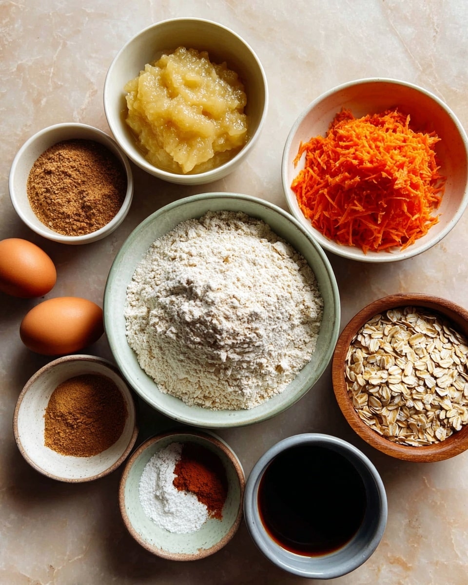 The image shows seven bowls and two eggs arranged on a white marbled surface. In the center, a white bowl is filled with white flour. To the top right is a white bowl with bright orange grated carrots. Below that, a white bowl with yellowish applesauce. On the far right, a brown wooden bowl with light tan oats. On the bottom left, a yellow bowl contains a brown powder, likely brown sugar or cinnamon. Above it, two brown eggs lay side by side. Near the top left corner, a small white bowl holds a light cream-colored liquid. Next to it is a small brown bowl filled with several ground spices in different colors - dark brown, light brown, and white. At the bottom center, a dark bowl is filled with a dark liquid, possibly syrup. The bowls and eggs are neatly arranged to show all ingredients clearly. Photo taken with an iphone --ar 4:5 --v 7