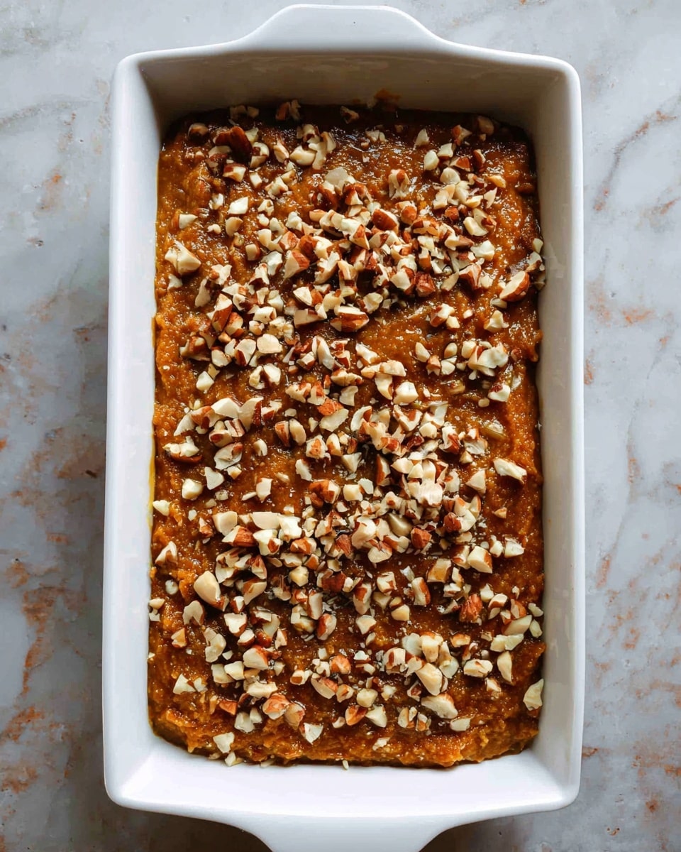 The image shows a white rectangular ceramic dish filled with a thick, chunky orange-brown mixture that appears to be a batter or dough, spread evenly to fill the dish. Scattered on top is a generous layer of chopped walnuts, adding textures of light brown and beige with a rough, uneven look. The dish rests on a flat white marbled surface, with a piece of white parchment paper partially visible underneath it on the left side. The overall look is rustic and homemade, showing a close-up top view. Photo taken with an iphone --ar 4:5 --v 7