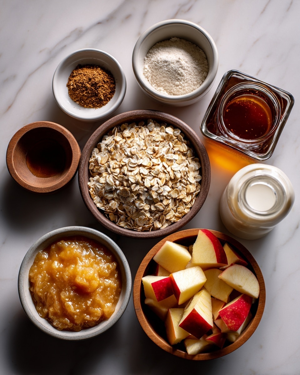 The image shows seven ingredients arranged on a white marbled surface. In the top left is a small brown bowl with vanilla, next to it on the right is a small white bowl with dark brown apple pie spice powder. Below those two, on the left side, there's a small white bowl filled with light orange apple sauce with a smooth texture. To its right is a small round wooden bowl filled with chunky quartered apple pieces with red and yellow skin. Beneath the apple sauce bowl is a round brown bowl filled to the top with coarse steel cut oats that look beige and off-white. Near the center right is a small square glass jar filled with dark amber maple syrup. At the bottom right, there is a clear glass bottle with white milk visible inside. The whole scene has soft natural lighting, and the arrangement is neat and clear. Photo taken with an iphone --ar 4:5 --v 7