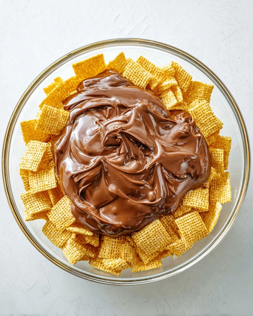 A clear glass bowl filled with golden yellow square cereal pieces as the bottom layer, topped with a thick, shiny, dark brown chocolate spread that forms smooth swirls and peaks in the center, all placed on a white marbled texture surface. photo taken with an iphone --ar 4:5 --v 7