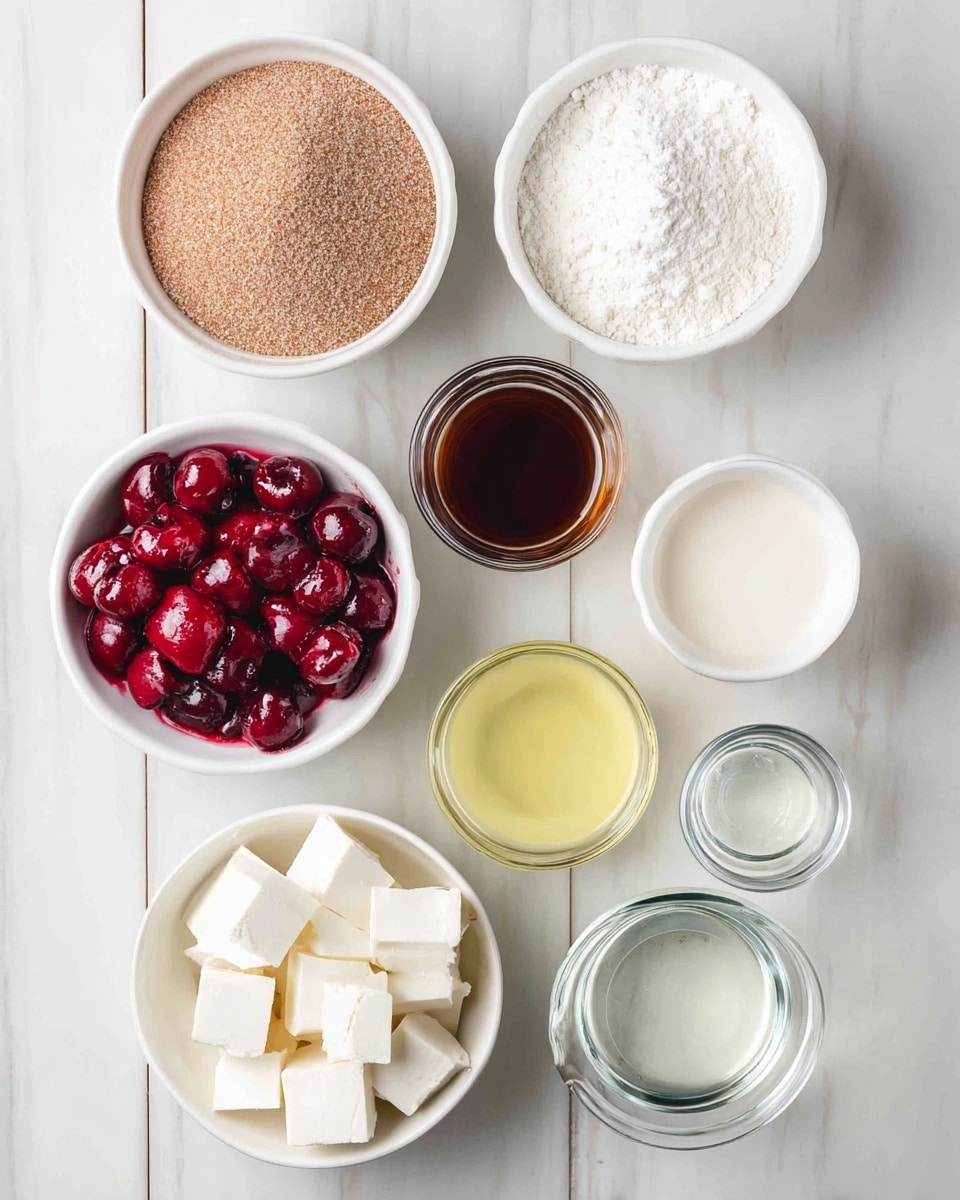 The image shows an overhead view of seven small white bowls and glass containers arranged neatly on a white marbled surface. The top left bowl is filled with finely crushed light brown crumbs, next to it on the right is a bowl of white powder. In the center is a small glass container of dark brown liquid. Below the brown crumbs on the left is a bowl filled with bright red cherries in thick, dark red sauce. To the right of the cherries is a bowl containing light yellow liquid. Below the cherries is a white bowl holding large white cubes of soft cheese. To the right of the cheese are two small glass containers, one with clear liquid and the other with white cream. The setup is simple and clean, highlighting the ingredients with fresh colors and textures photo taken with an iphone --ar 4:5 --v 7