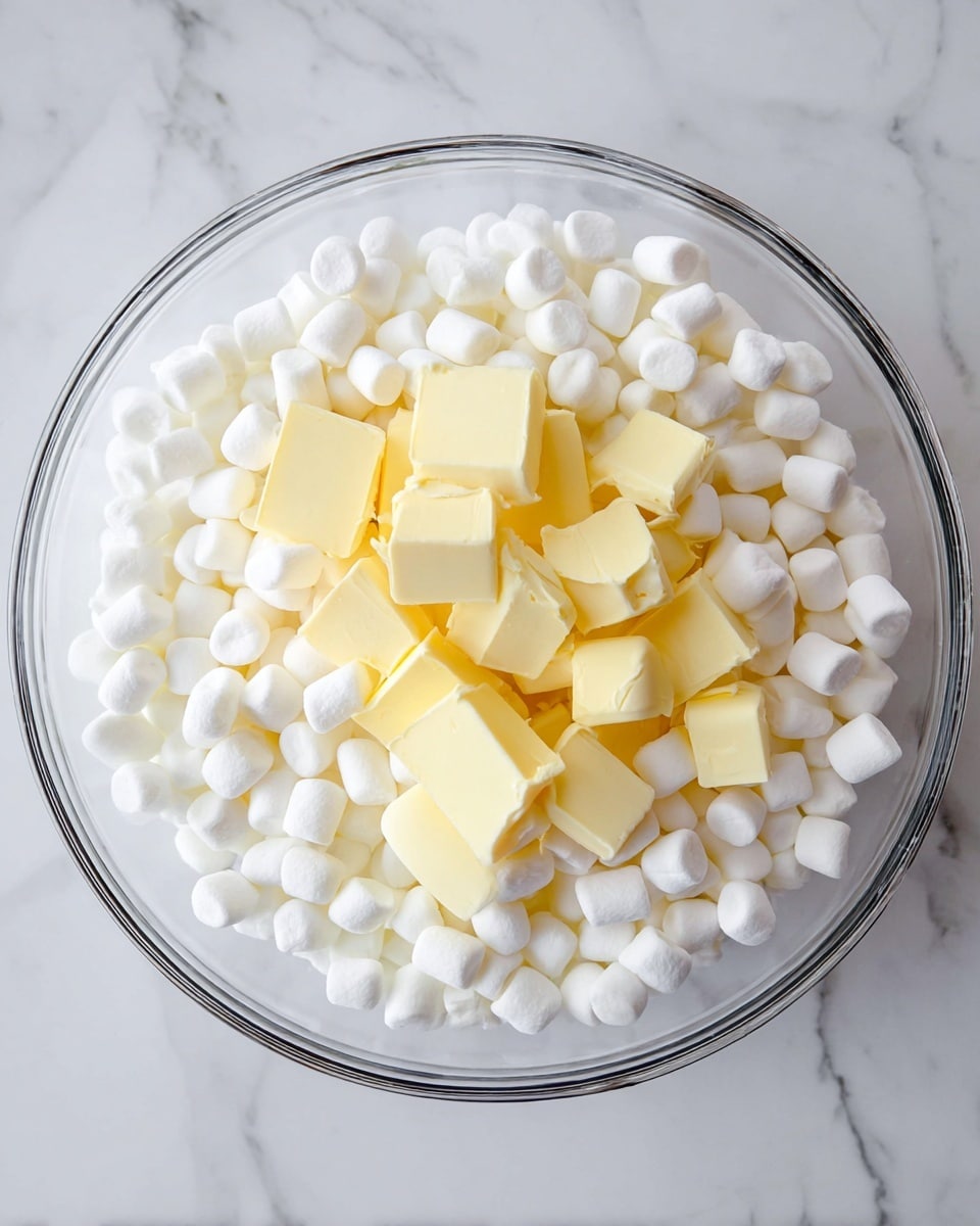 A clear glass bowl filled with many small, white marshmallows as the base layer, topped with five chunks of pale yellow butter scattered on top. The bowl is placed on a white marbled surface. photo taken with an iphone --ar 4:5 --v 7