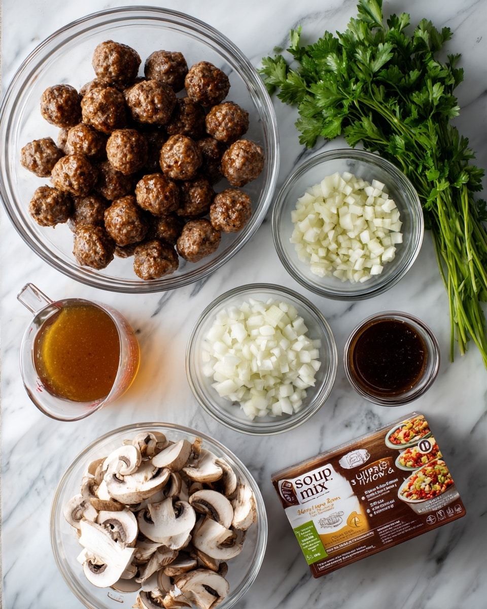 A top-down view shows several clear glass bowls and a packet arranged on a white marbled surface. The largest bowl in the top center holds many brown meatballs with a textured, rough surface. To the right, a small bowl contains finely chopped white garlic, and below it, another small bowl is filled with diced white onion. On the lower right side, a brown packet labeled