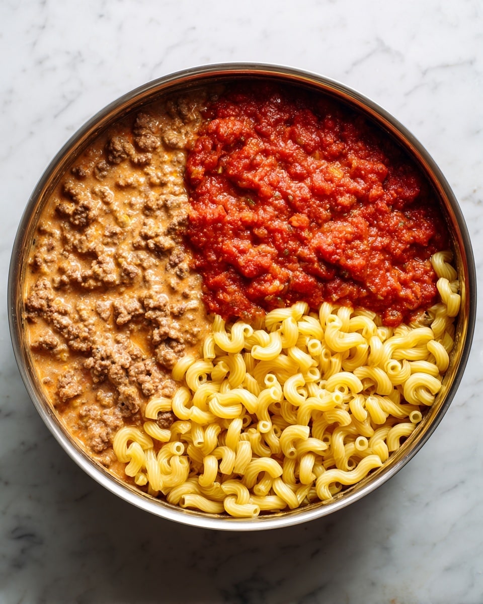 The image shows a large white pot with three distinct sections of ingredients that are not mixed. One section has yellow elbow macaroni with a smooth texture, piled up and filling nearly half of the pot. Another section shows a bright red chunky sauce, slightly watery and thick, sitting next to the pasta. The last section features ground meat in brown color with some liquid, spread out beside the sauce and pasta. The pot is placed on a white marbled surface. photo taken with an iphone --ar 4:5 --v 7
