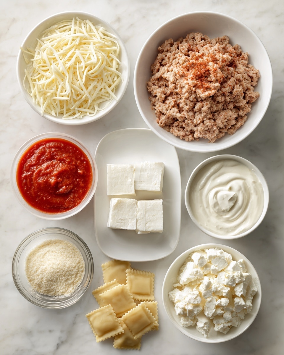 The image shows several ingredients arranged neatly on a white marbled surface. At the top, there is one large white bowl filled with light brown ground meat mixed with reddish seasoning. Below it, there are five smaller white bowls arranged in a rough circle: shredded pale yellow mozzarella cheese on the left, thick white sour cream on the right, finely grated pale yellow parmesan cheese in a glass bowl on the bottom left, bright red smooth spaghetti sauce in the middle bottom, and chunky white cottage cheese on the bottom right. Below these bowls, a silver-wrapped block of cream cheese sits next to a small square white dish filled with light beige garlic powder. At the bottom of the image, there is a small pile of pale yellow frozen ravioli with square shapes and ridged edges. The photo is taken with an iphone --ar 4:5 --v 7