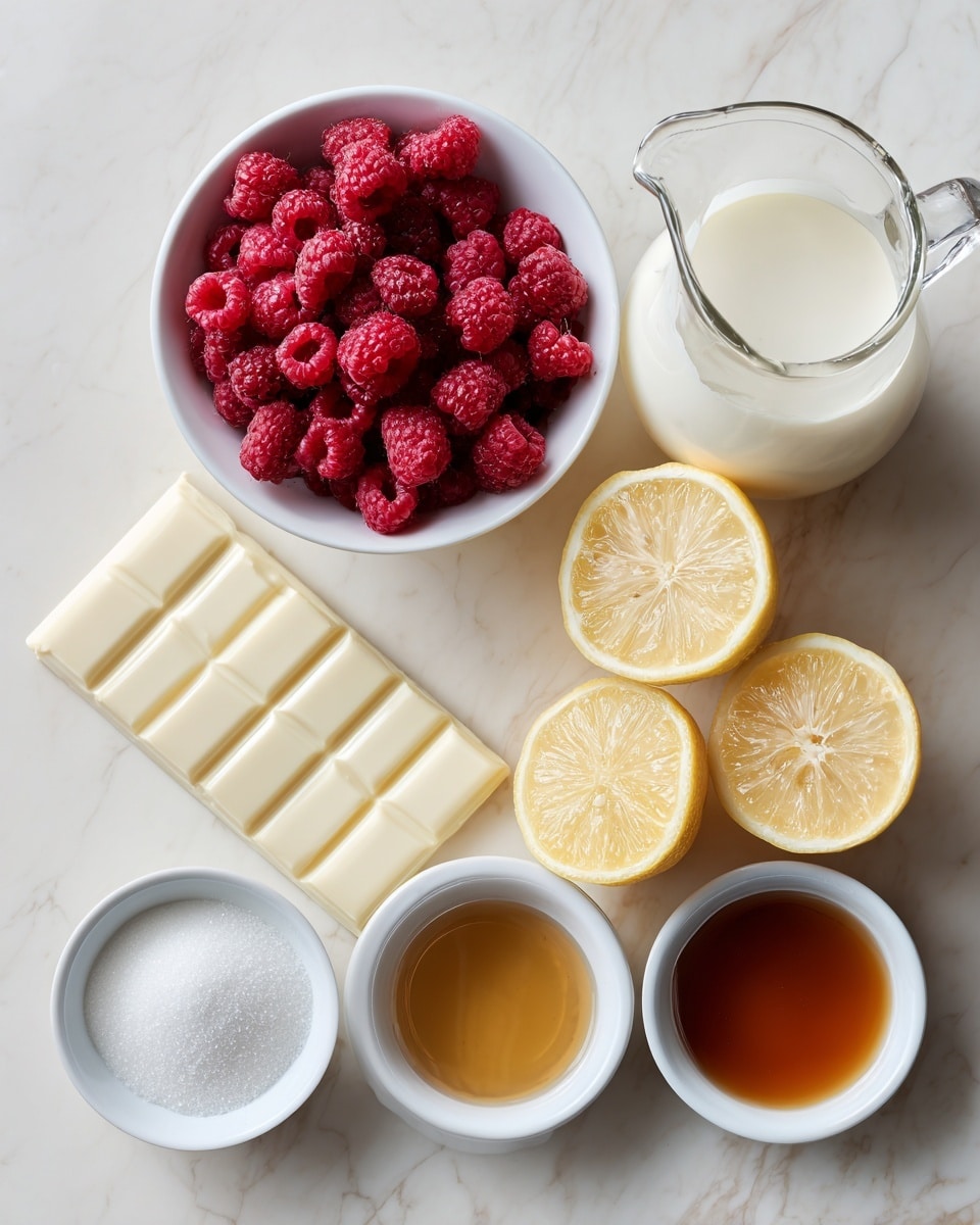 A white chocolate bar with square segments is placed at the bottom left of the image on a white marbled surface. Above it, there is a white bowl filled with fresh red raspberries, showing their rough texture. To the right of the raspberries, a clear glass pitcher holds smooth, white heavy cream. Two lemon halves with yellow skin and pale yellow insides are placed side by side in the middle of the image. Below the lemons, a white bowl contains granulated white sugar, and next to it, another white bowl holds amber-colored vanilla extract. The overall arrangement is neat, with each ingredient clearly visible and spaced apart. Photo taken with an iphone --ar 4:5 --v 7
