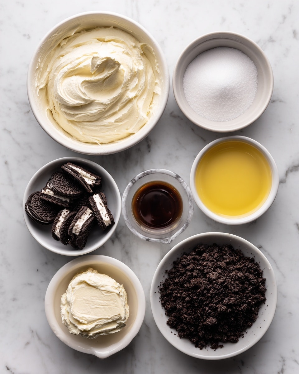 The image shows seven white bowls and one small white cup arranged on a white marbled surface, each filled with different ingredients for a dessert. Starting from the top left, there is a large bowl of smooth, thick whipping cream with a creamy white color. To the right, a small cup holds a dark brown liquid labeled vanilla extract. Below the whipping cream bowl is a medium-sized bowl of white granulated sugar. Next, a medium bowl contains broken Oreo cookies, black with white cream fillings visible. To its right, a medium bowl is filled with soft, pale cream cheese. Below the sugar, there is a small bowl filled with bright yellow melted butter. Finally, at the bottom right, a larger bowl contains finely crushed Oreos, forming a dark, crumbly texture. All bowls and the cup are placed neatly on the marbled white surface. Photo taken with an iphone --ar 4:5 --v 7