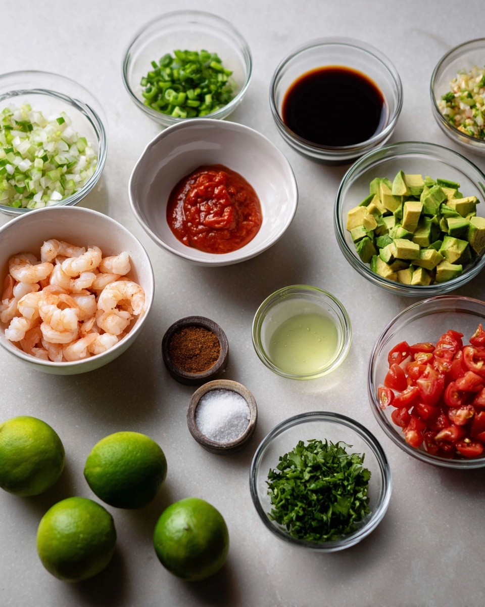 The image shows various small white bowls and clear glass bowls arranged neatly on a white marbled surface, each containing different chopped ingredients. Starting from the left, there is a white bowl with small shrimp, another with red sauce, next white bowls hold diced avocado, chopped tomatoes, and finely chopped onions. Among the clear glass bowls there is chopped green herbs, chopped green chili, dark brown sauce, bright red sauce, a light green liquid, and small amounts of salt, black pepper, and red seasoning powder. Two whole green limes are placed beside these bowls. The ingredients are spread out and organized in a grid-like pattern with even spacing photo taken with an iphone --ar 4:5 --v 7