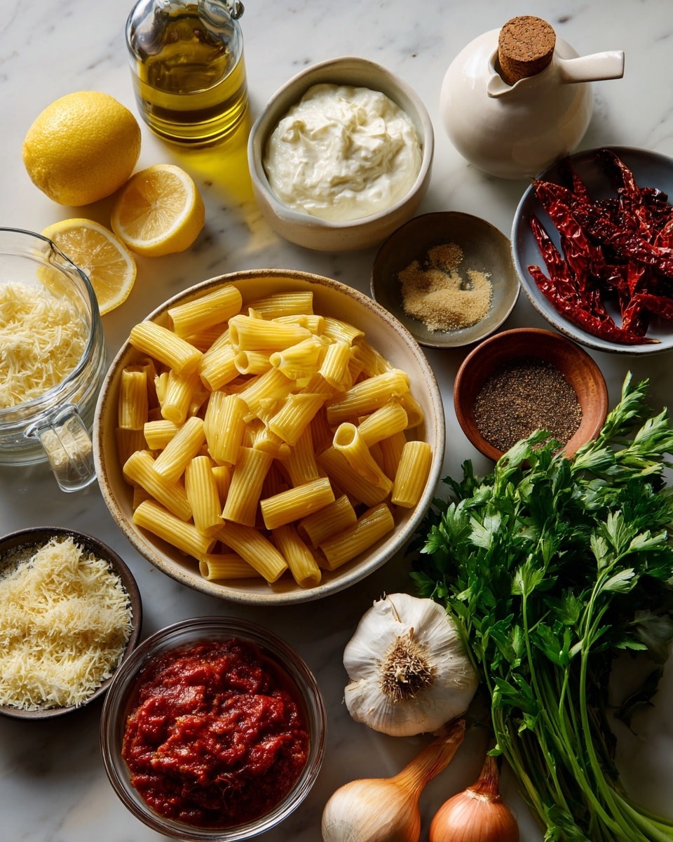 The image shows ingredients arranged on a white marbled surface: in the center is a white bowl filled with uncooked rigatoni pasta in yellow color and a smooth texture. Near it, a glass measuring cup holds heavy cream, which is white and smooth. To the right side are fresh green parsley leaves and three whole onions with golden-brown peel. Above the rigatoni is a white ceramic bottle with a cork top, labeled olive oil. To its right is a small glass bowl filled with bright red Calabrian chilies which look oily and chunky. To the left of the olive oil bottle is half a yellow lemon with visible flesh labeled lemon juice. Below the lemon are two metal measuring cups with wooden handles, one filled with grated Parmesan cheese in pale yellow, and the other with salt and black pepper. Near the bottom left corner are two small glass bowls, one with fire-roasted tomatoes in deep red with chunks, and the other with a dark red tomato paste. Near the bottom right beside the onions is a whole garlic bulb with white papery skin. The overall layout is neat and colors are natural and vivid photo taken with an iphone --ar 4:5 --v 7