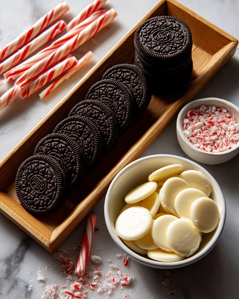 A wooden tray holds two neat piles of round dark brown Oreo cookies with clear embossed patterns on top, placed vertically and overlapping. Next to the tray, on a white marbled surface, is a white bowl filled with smooth, shiny white chocolate discs stacked loosely, with a few scattered outside the bowl. Nearby is a smaller white bowl containing crushed red and white peppermint candy pieces and a full peppermint stick leaning inside it. Two more wrapped peppermint sticks lie on the marbled surface beside the tray. Photo taken with an iphone --ar 4:5 --v 7