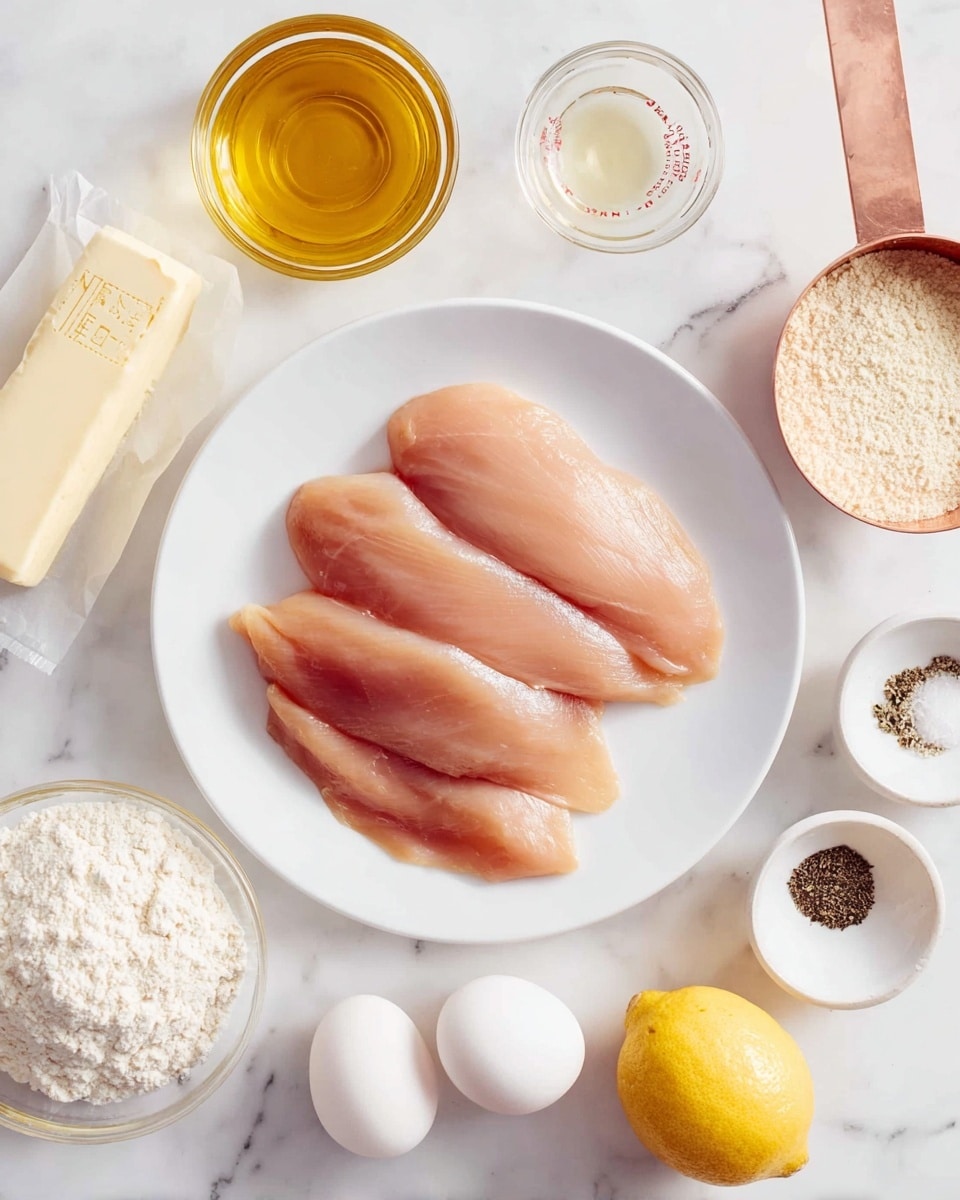 The image shows raw chicken slices placed in the center of a white round plate, with four pieces layered side by side, pale pink in color and smooth texture. Around the plate on a white marbled surface are a stick of butter in a light wrapper, a clear glass jar filled with yellow oil, a measuring cup with amber-colored liquid, a white egg, a small white bowl containing three piles of spices in white, black, and light beige, a copper measuring cup filled with flour, and a whole yellow lemon positioned near the bottom right. Photo taken with an iphone --ar 4:5 --v 7
