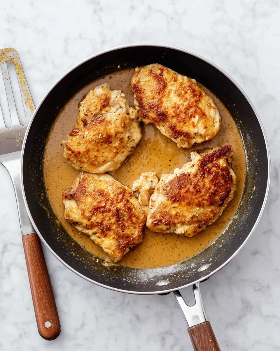 A frying pan filled with four pieces of golden brown cooked chicken placed in light brown sauce covering the bottom of the pan. The chicken pieces have a crispy texture with some darker brown spots and look juicy. The frying pan has a black handle and is sitting on a white marbled surface. Next to the pan is a metal spatula with a wooden handle showing some food marks. photo taken with an iphone --ar 4:5 --v 7