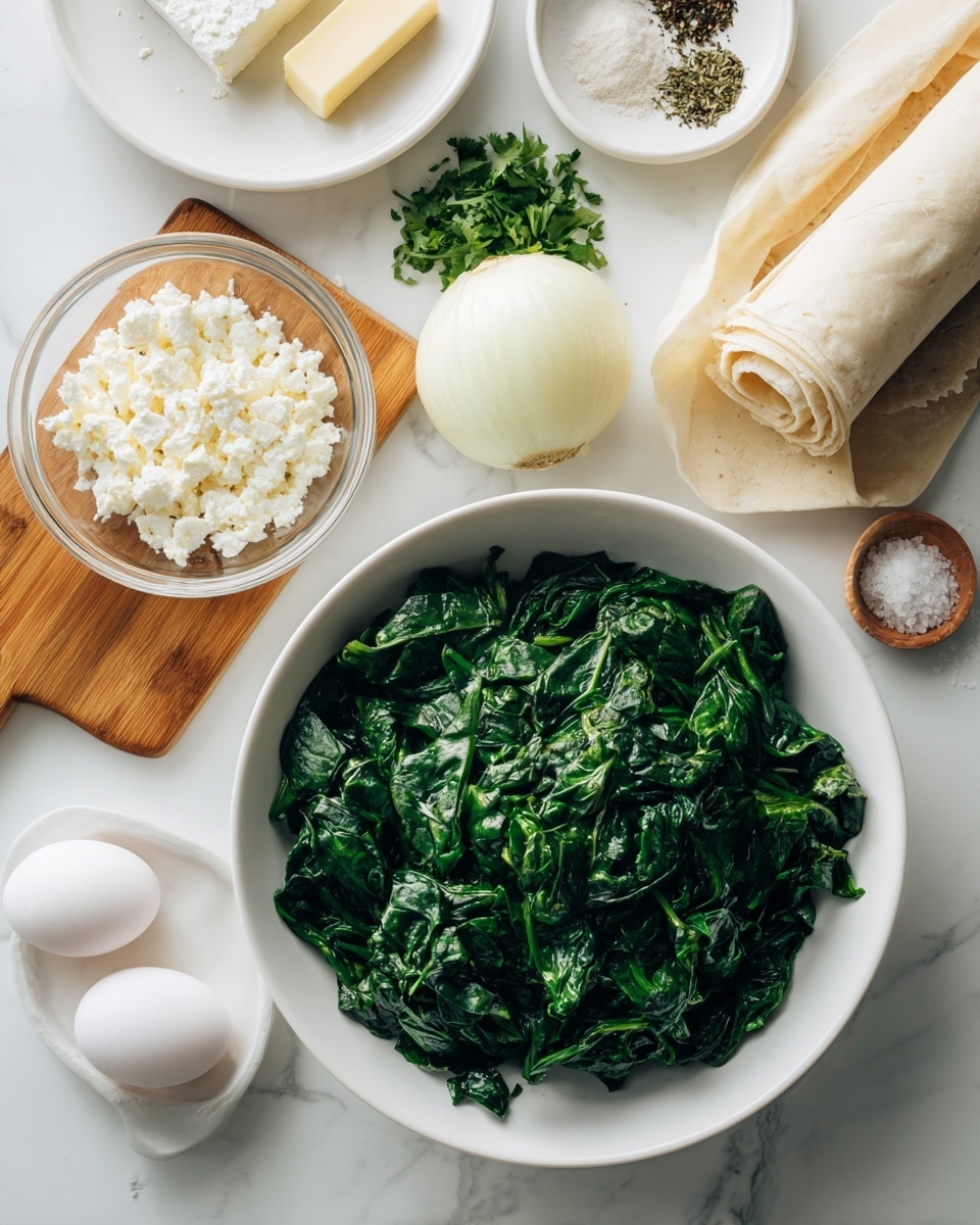The image shows a white bowl filled with chopped dark green spinach placed on a white marbled surface. To the left, there is a white round glass bowl with a soft white cheese, and below it, a small white measuring cup with crumbled white cheese. Three white eggs are arranged next to a wooden board holding a peeled white onion and a stick of light yellow butter. Above the spinach bowl, a white round plate holds small piles of green herbs, black pepper, and salt. On the right side, there is a box of phyllo dough with colorful pictures of baked dishes. photo taken with an iphone --ar 4:5 --v 7