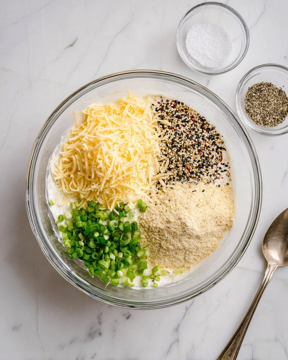 A clear glass bowl sits on a white marbled surface, filled with four distinct sections of ingredients resting on a creamy white base. The top left section shows pale yellow shredded cheese, next to it on the top right is a mix of black, white, and tan seeds and spices with a coarse texture. The bottom right contains fine, light beige powder, and the bottom left displays small chopped green onions with vivid green color. Two small clear bowls are in the background with white granulated salt and ground black pepper, along with a silver spoon on the right side. Photo taken with an iphone --ar 4:5 --v 7