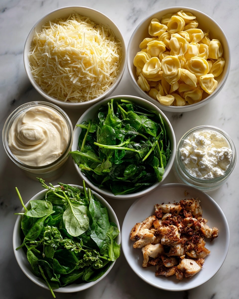 A top view of five white bowls and one white plate arranged on a white marbled surface, each containing a different ingredient: shredded pale yellow mozzarella cheese in the top left bowl, yellow cheese tortellini pasta in the center bowl, bright green fresh spinach leaves in the top right bowl, white ricotta cheese in the bottom left bowl, a jar of creamy light beige Alfredo sauce below the center, and cooked small pieces of browned chicken on the plate to the right. Photo taken with an iphone --ar 4:5 --v 7