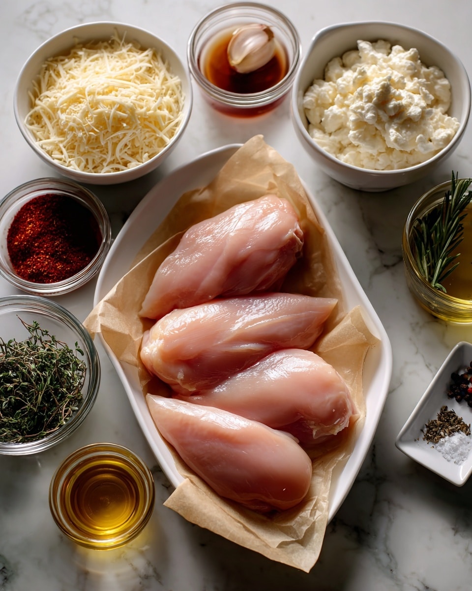 In the center, there is a rectangular white plate lined with light brown parchment paper holding three raw pale pink chicken breasts with smooth texture. Surrounding the plate on a white marbled surface are small white bowls and glass jars containing different ingredients: a bowl of shredded pale yellow Parmesan cheese at the top left, a bowl of thick white heavy cream at the top right, and a bowl of light beige cream of chicken soup at the left side. There is a small white square dish with light golden oil at the right side, and another small white square dish with a mix of black and white salt and pepper near it. A small white bowl with golden yellow Better Than Bouillon broth sits at the bottom right corner. A glass jar of red paprika is at the bottom left, next to a small white bowl of orange-brown chicken stock. There are also clear glass jars of dried thyme leaves and rosemary herbs near the bottom and left sides, and garlic cloves with papery skin near the bottom center. The whole setup is neat and well spaced on the clean white marbled background. Photo taken with an iphone --ar 4:5 --v 7