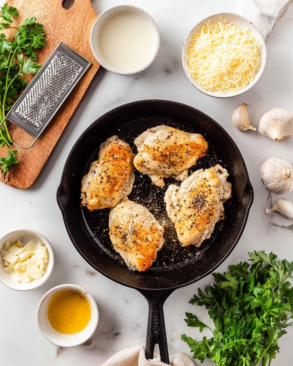 A black cast iron skillet holds four lightly browned chicken pieces, each seasoned with black pepper and spaced evenly in the pan, showing a slightly crispy texture on top. Around the skillet on a white marbled surface are small white bowls containing shredded cheese, cream, a garlic paste, and a small portion of a yellow sauce, along with two peeled garlic cloves and fresh green parsley leaves. A metal grater rests on a wooden cutting board alongside more parsley. The setup suggests fresh ingredients ready for cooking, all bright and clean. Photo taken with an iphone --ar 4:5 --v 7