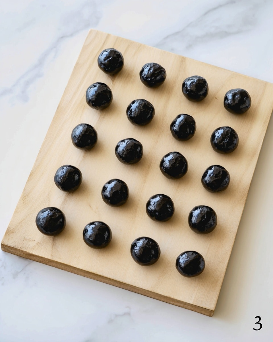 The image shows a light wooden board placed on a white marbled surface. On the board, there are 24 small black shiny balls arranged in a grid pattern with even spacing. Each ball has a smooth but slightly uneven texture that catches the light, creating a glossy look. In the top left corner, the number 3 is printed in black. The overall look is clean and minimal with a natural wooden tone and deep black shapes. photo taken with an iphone --ar 4:5 --v 7