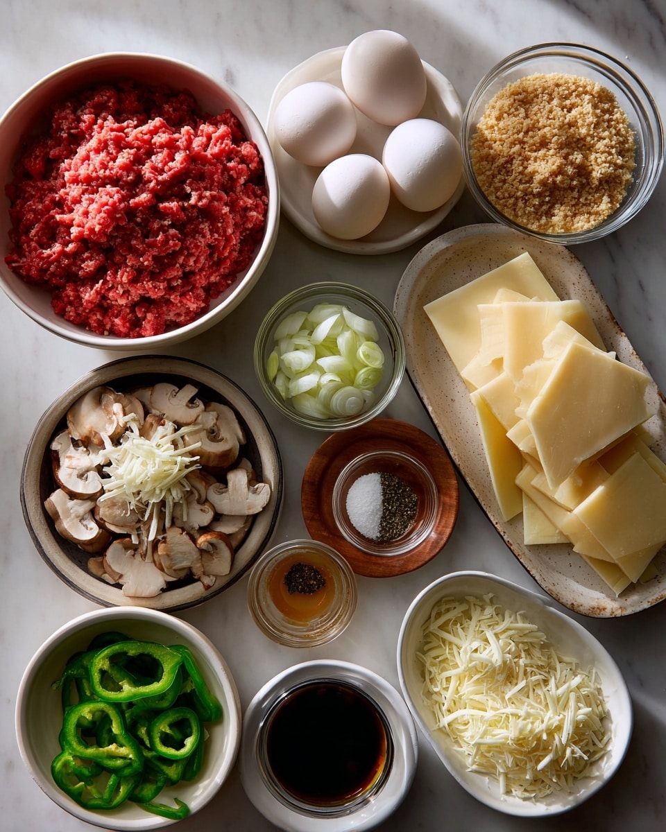 The image shows several bowls and containers with different cooking ingredients placed on a white marbled surface. There is one large white bowl filled with bright red ground beef at the top left. Next to it, on the right, is a small clear glass bowl with light brown bread crumbs. Nearby, there is a clear glass bowl holding two white eggs. Below the bread crumbs, a small white bowl contains chopped white onion beside a small white bowl of chopped green bell pepper. In the middle left, a larger white bowl is filled with light brown and white sliced mushrooms. To the right of the mushrooms, a large clear glass plate holds pale yellow slices of provolone cheese. A small round brown plate holds salt, pepper, and garlic powder, arranged in small piles. Below this is a small clear glass cup with a dark brown liquid labeled Worcestershire sauce and a small white ramekin with light olive oil. Near the bottom, a small white dish contains sliced green bell pepper strips, and next to it, a white rectangular dish holds sliced onion rings. At the very bottom, two small white bowls contain shredded mozzarella cheese and shredded provolone cheese. Photo taken with an iphone --ar 4:5 --v 7